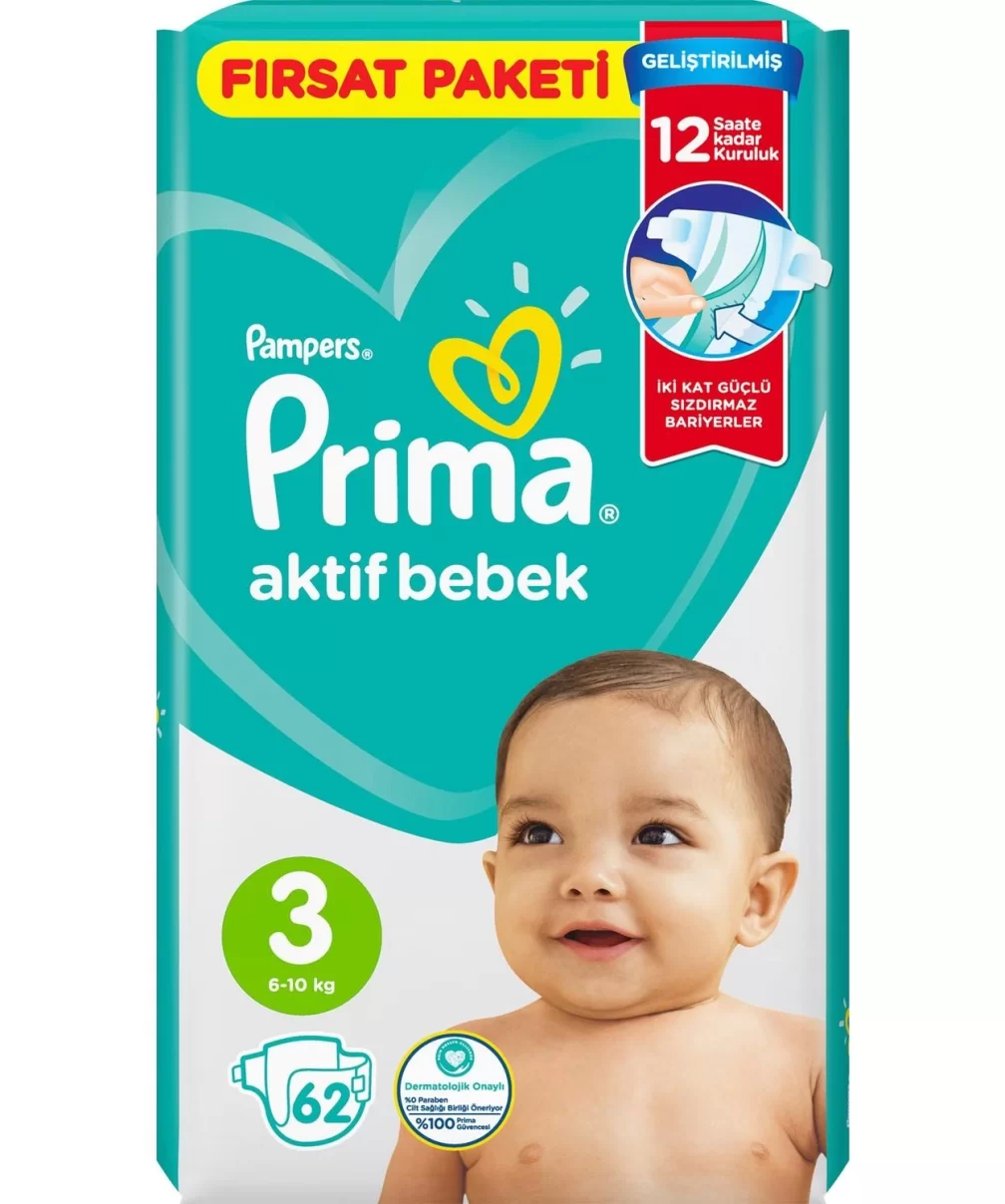 Prima Bebek Bezi Aktif Bebek Fırsat Paket 3 Beden 62 Adet