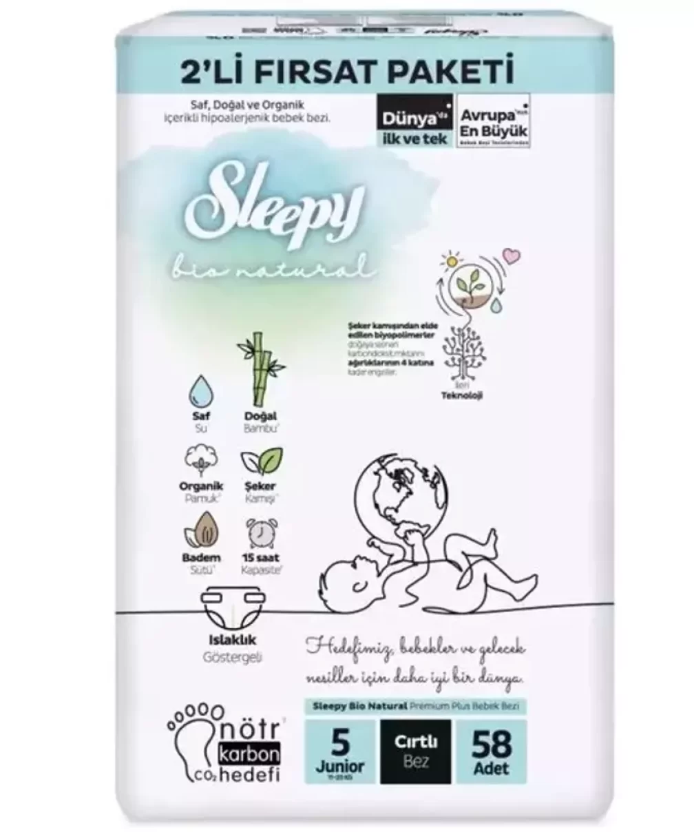 Sleepy Bio Natural Bebek Bezi 2Li Fırsat Paketi 5 Beden 58 Adet