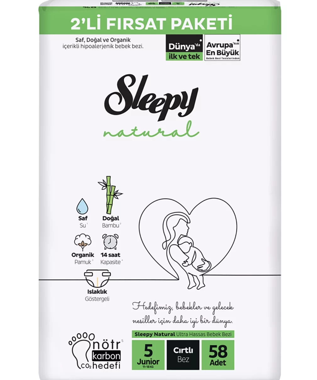 Sleepy Natural Bebek Bezi 2Li Fırsat Paketi 5 Beden 58 Adet