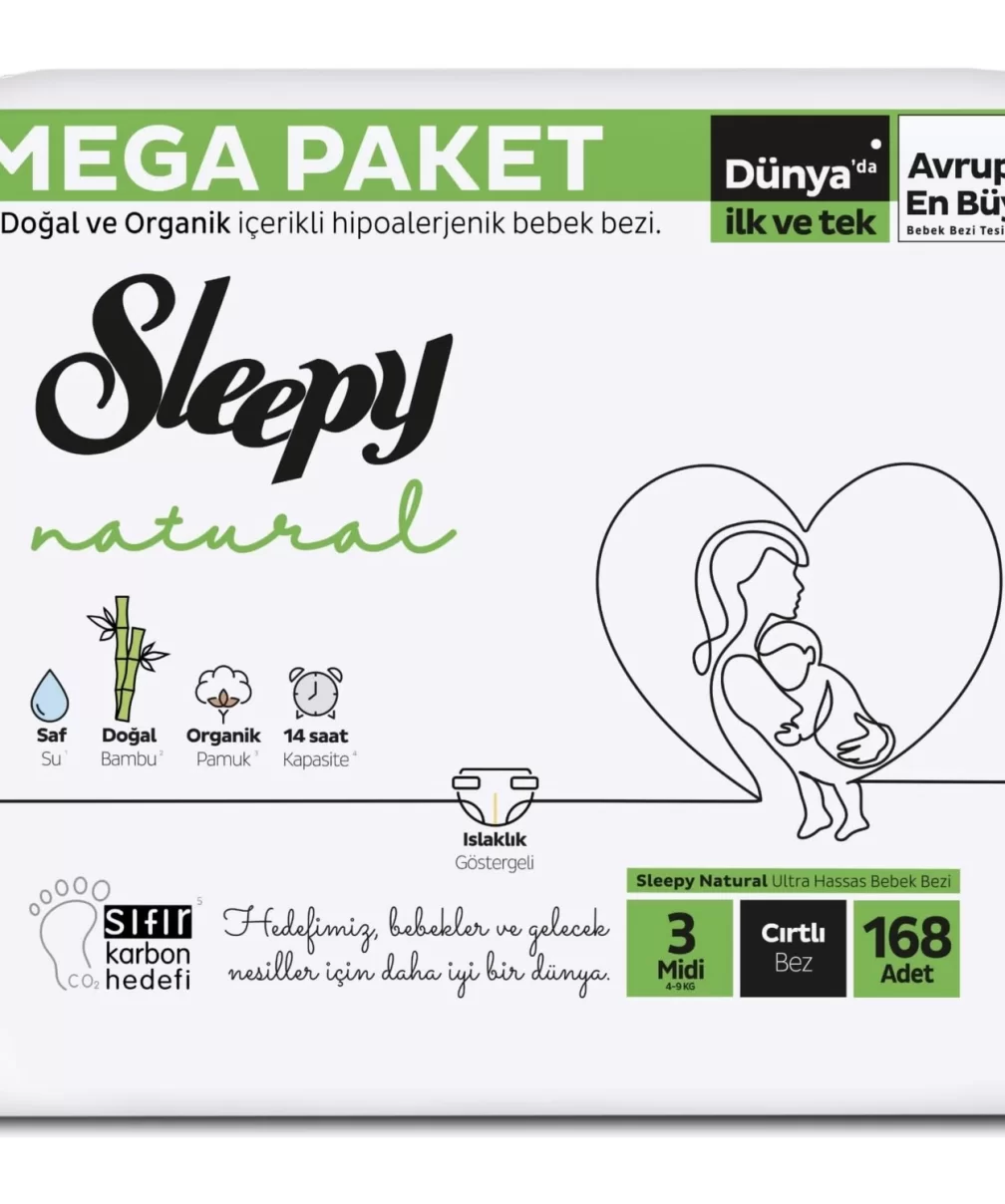 Sleepy Natural Bebek Bezi Mega Fırsat Paketi 3 Beden 4-9 Kg 168 Adet