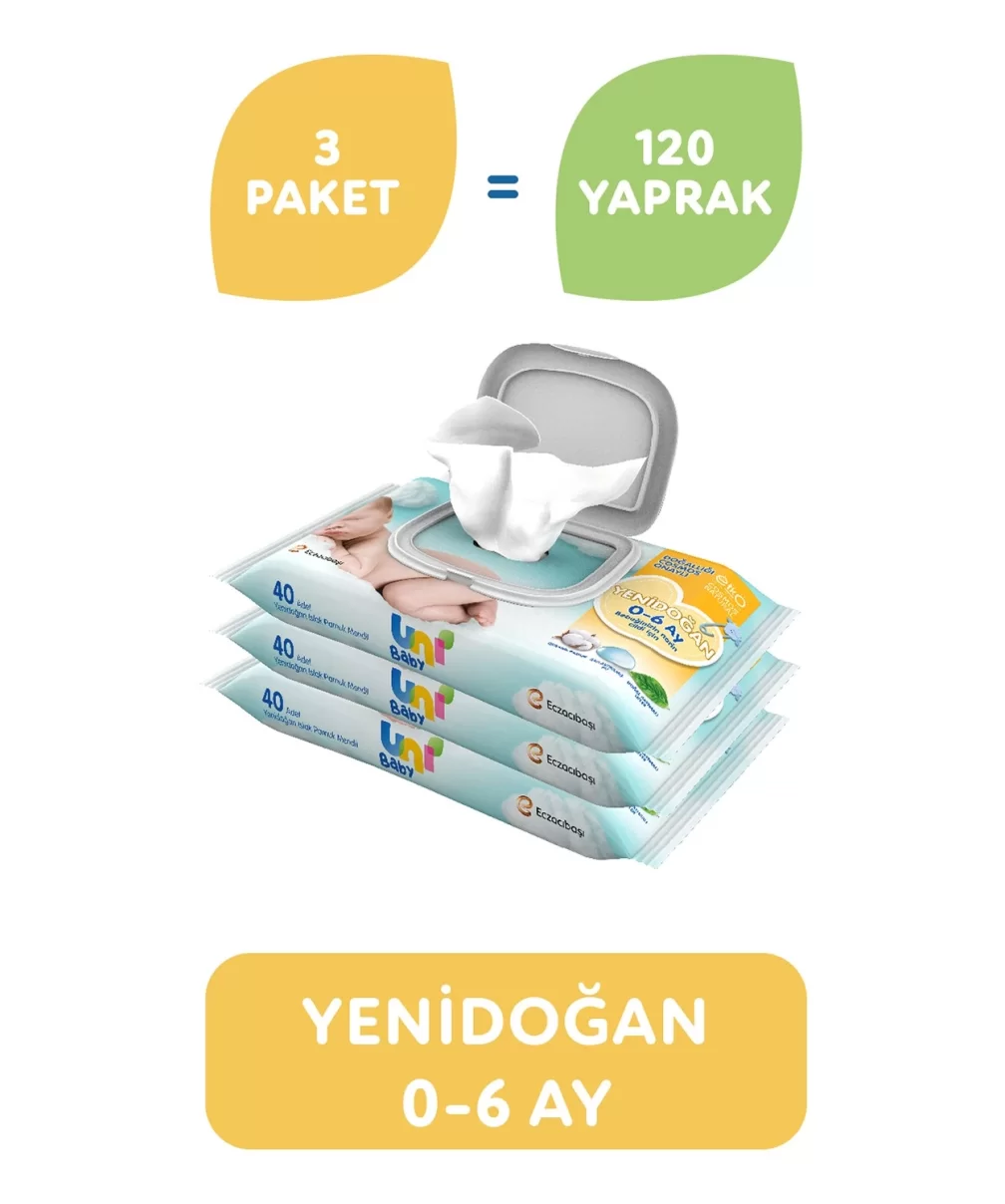 Uni Baby Yenidoğan Islak Havlu Mendil 3Lü 120 Yaprak