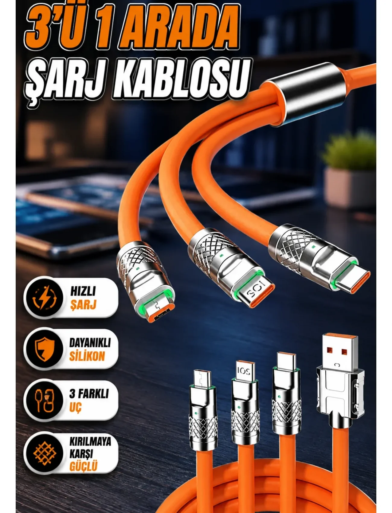 120W 3 İn 1 Uyumlu Silikon Şarj Kablosu Hızlı Şarj Kablosu