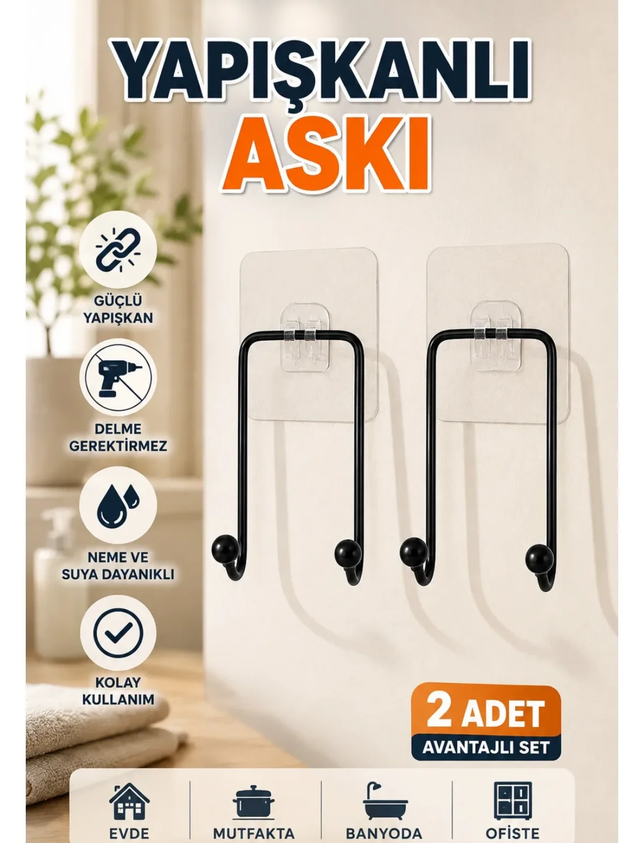 2 Adet Çok Amaçlı Yapışkanlı Askı Ev Mutfak Banyo Düzenleyici