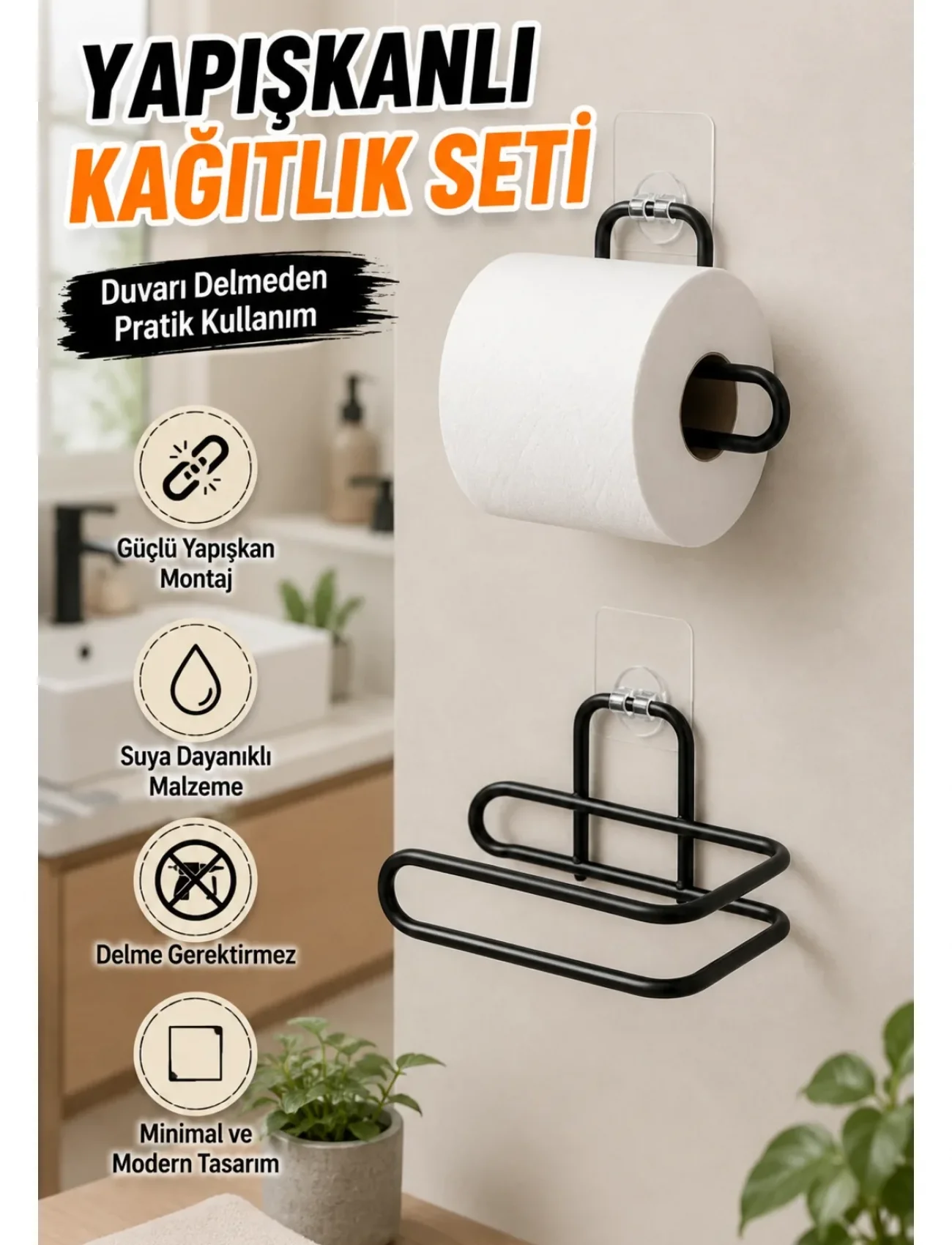 2 Adet Siyah Yapışkanlı Kağıtlık Duvar Tipi Tuvalet Kağıdı ve Rulo Tutucu