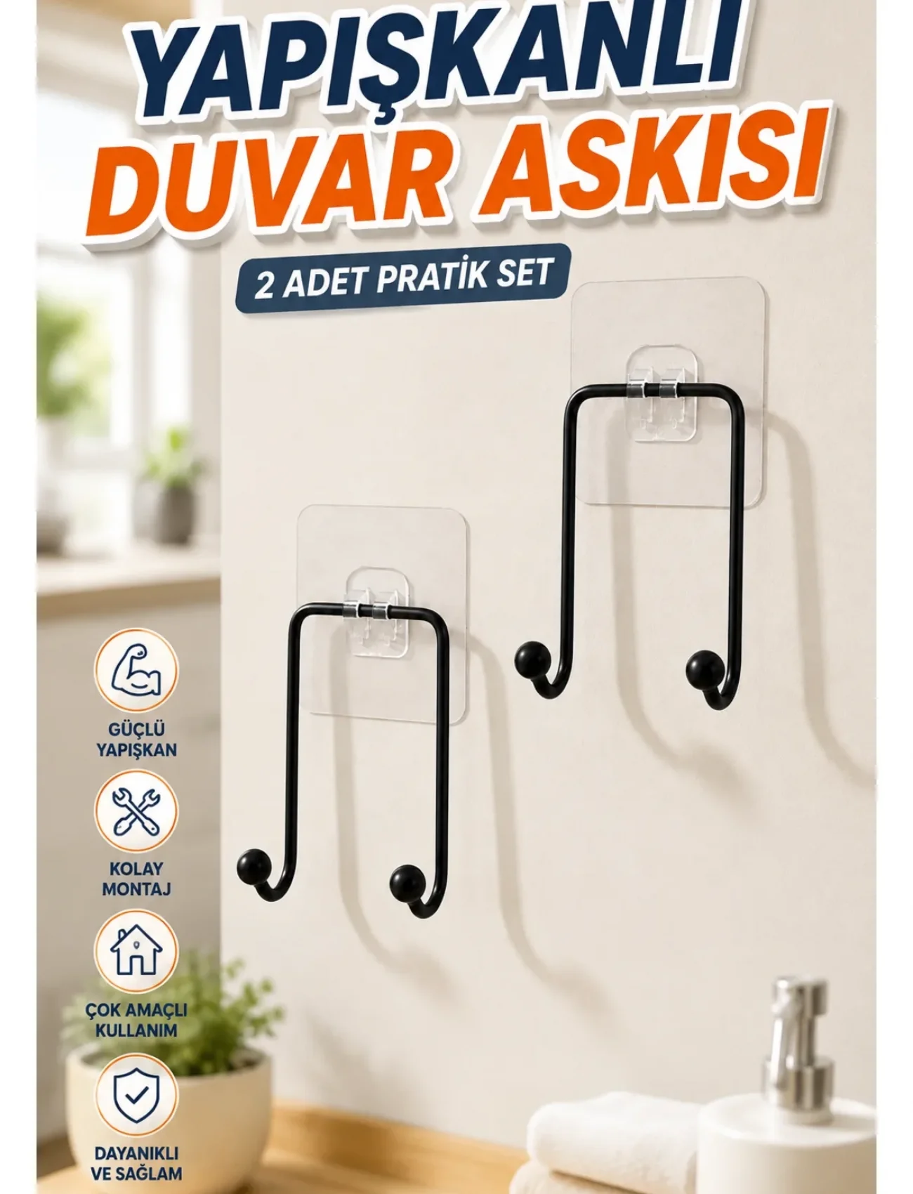 2 Adet Yapışkanlı Duvar Askısı Pratik Çok Amaçlı Düzenleyici Askı