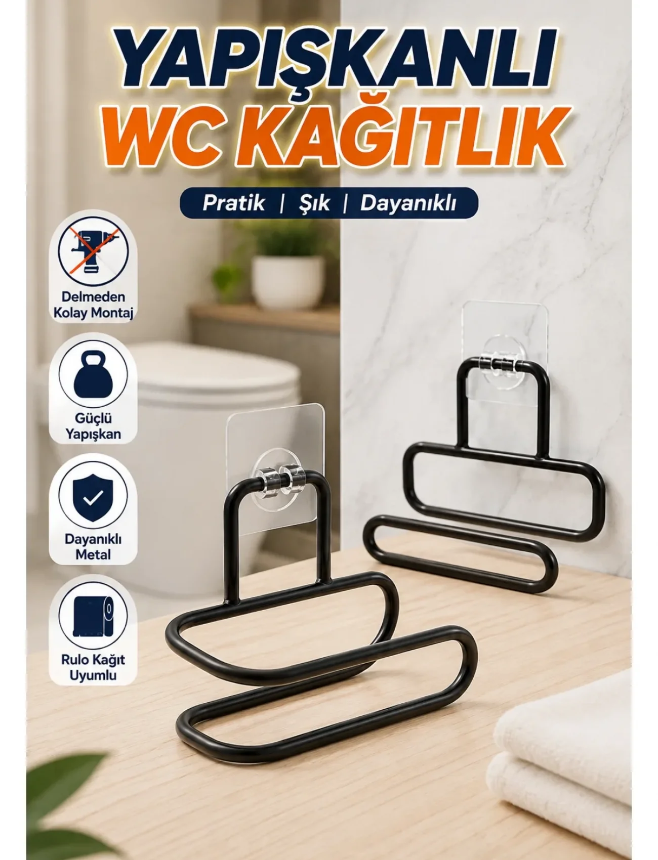 2 Adet Yapışkanlı WC Kağıtlık Siyah Metal Pratik Duvar Tipi Rulo Tutucu
