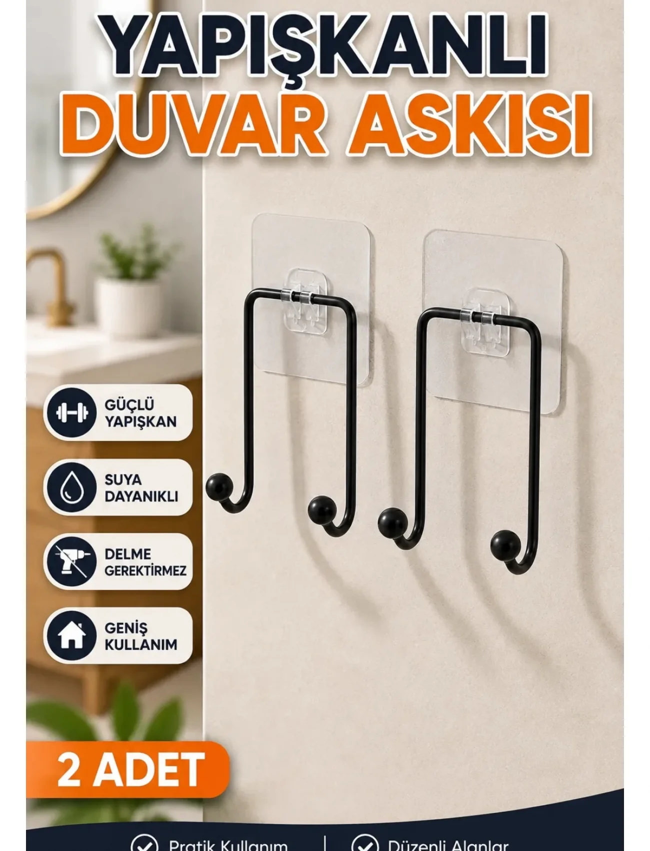 2li Yapışkanlı Duvar Askısı Mutfak Banyo ve Ev İçin Askılık
