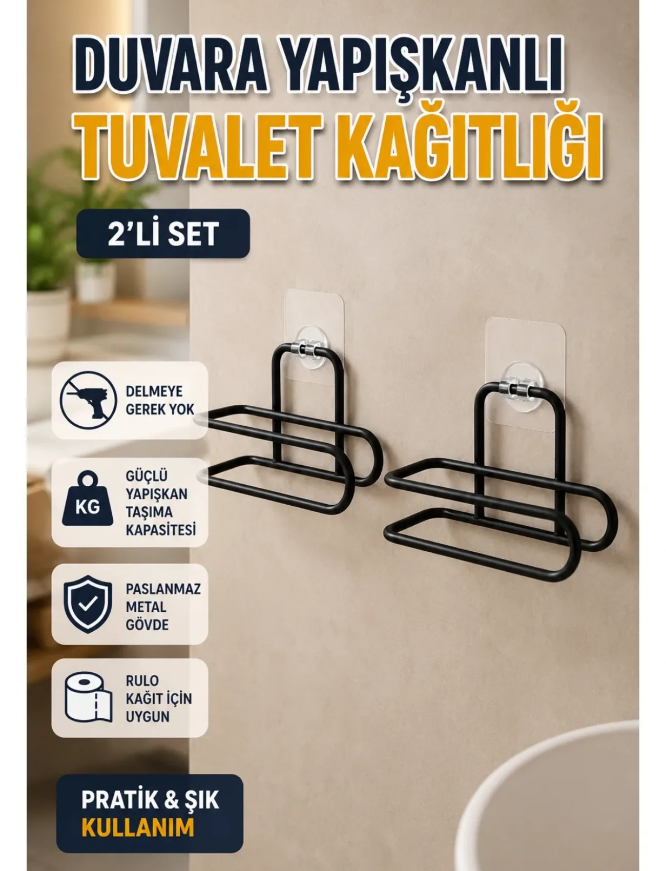 2’li Duvara Yapışkanlı Tuvalet Kağıtlığı Siyah Metal Pratik Rulo Tutucu