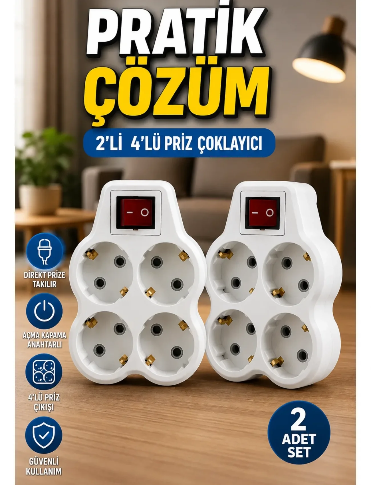 2’li Set 4’lü Priz Çoklayıcı Açma Kapama Anahtarlı Direkt Prize Takılan Adaptör