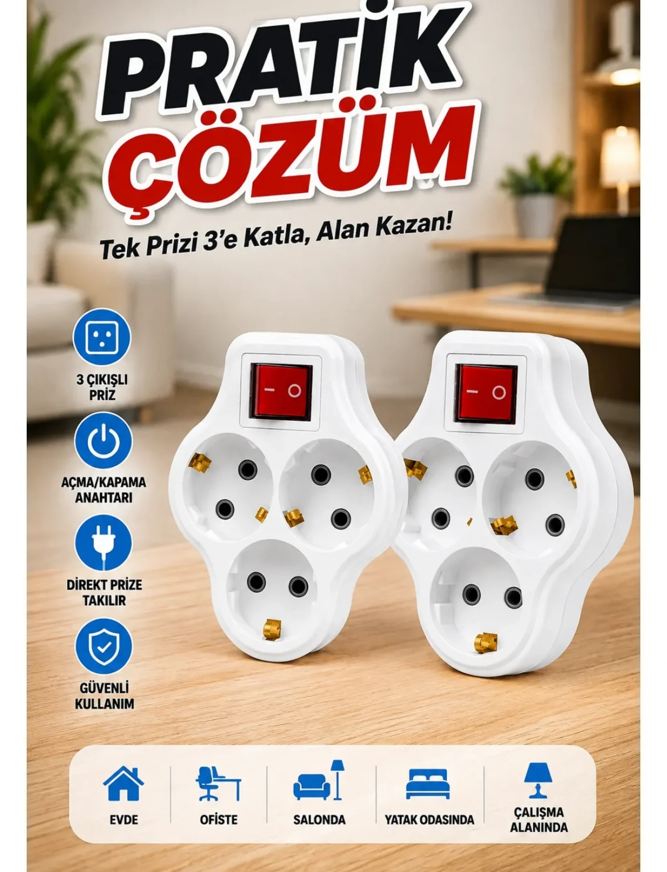 2’li Set Anahtarlı 3’lü Priz Çoğaltıcı Direkt Prize Takılan Kablosuz Çoklayıcı