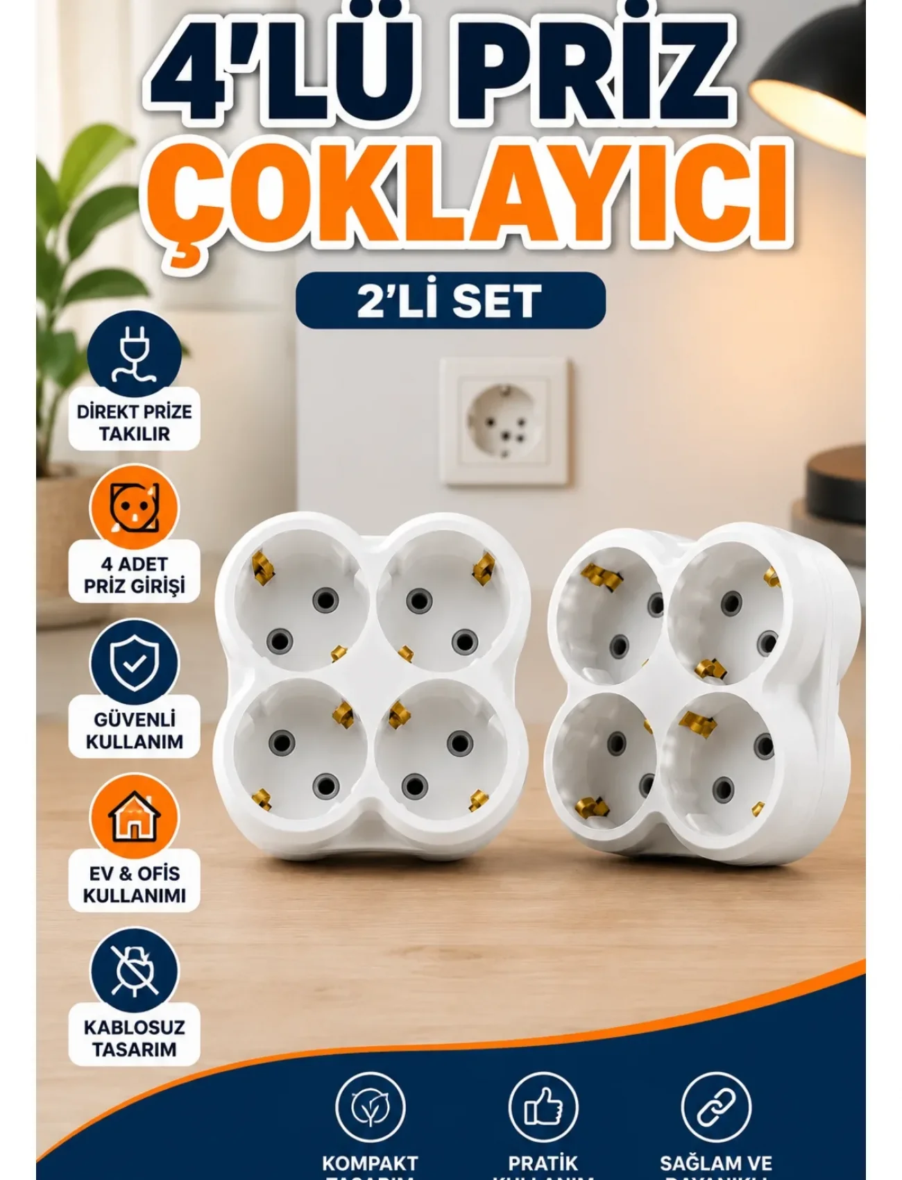 2’li Set Kablosuz 4’lü Priz Çoklayıcı Direkt Duvar Prizine Takılan Adaptör