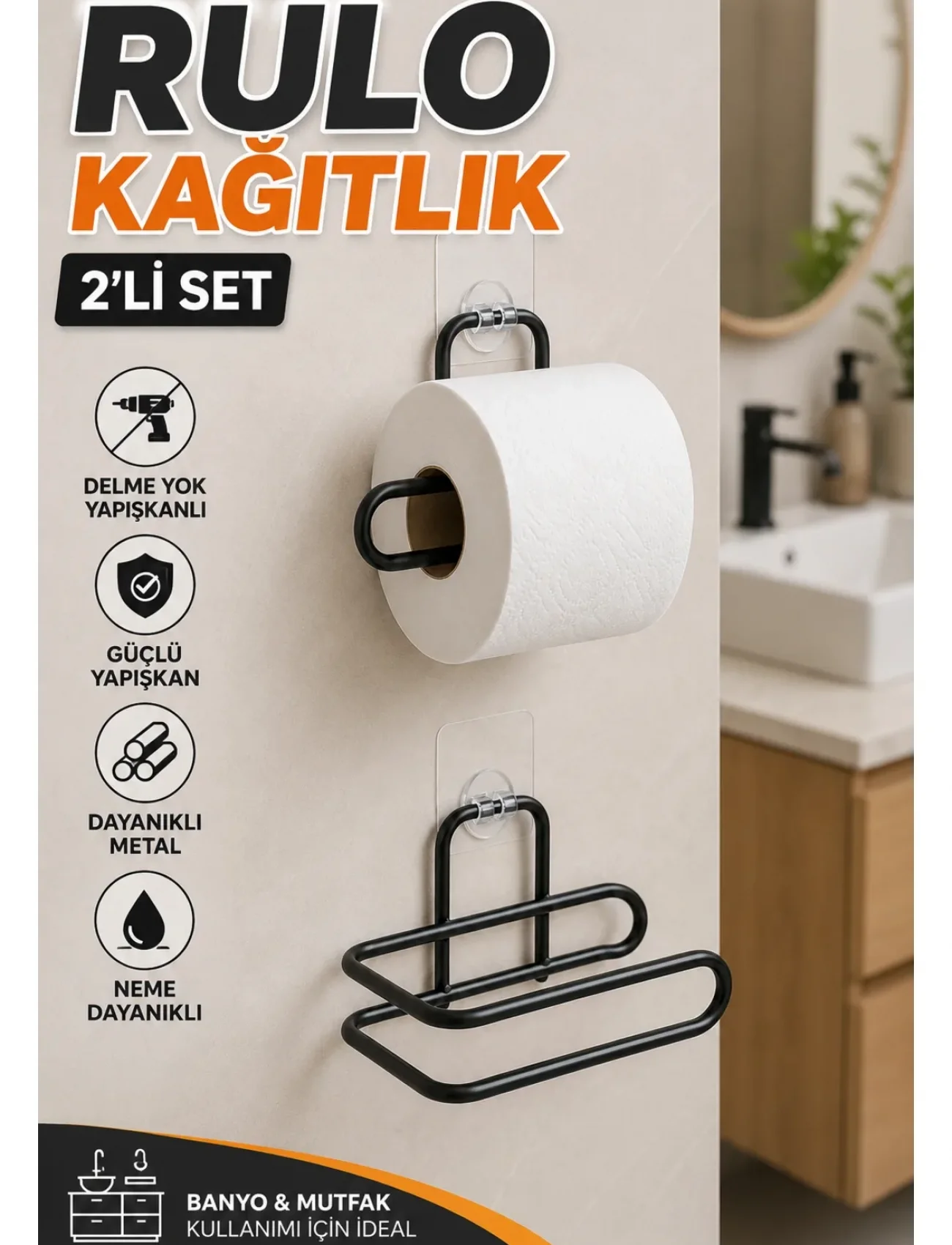 2’li Siyah Metal Rulo Kağıt Tutucu Yapışkanlı Banyo ve Mutfak Kağıtlık