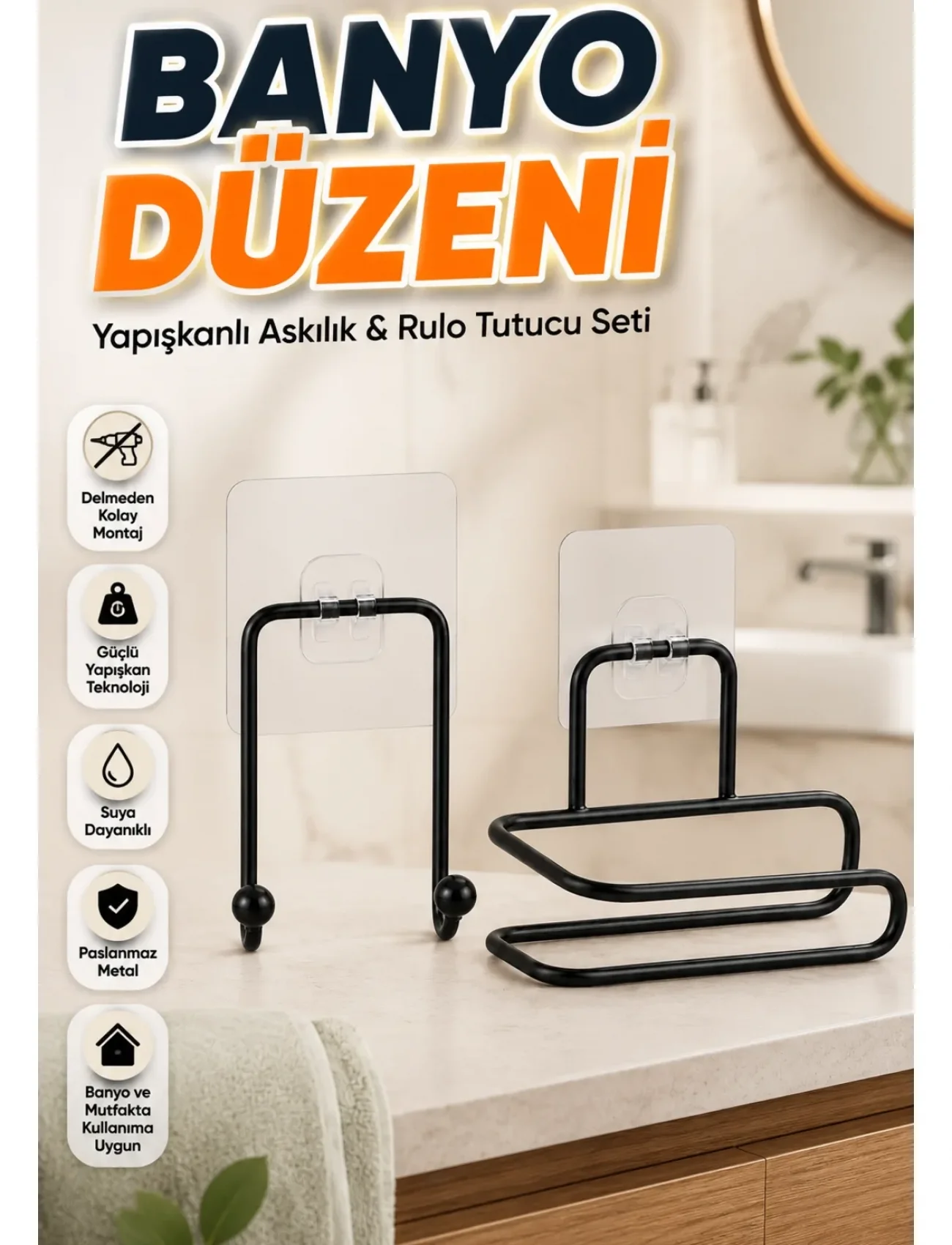 2’li Yapışkanlı Banyo Düzenleme Seti Rulo Kağıt Tutucu ve Havlu Askılığı