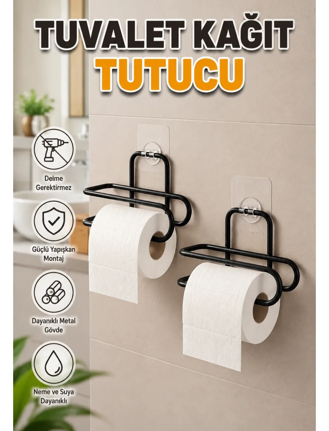 2’li Yapışkanlı Tuvalet Kağıdı Tutucu Siyah Metal Duvar Tipi Rulo Kağıtlık