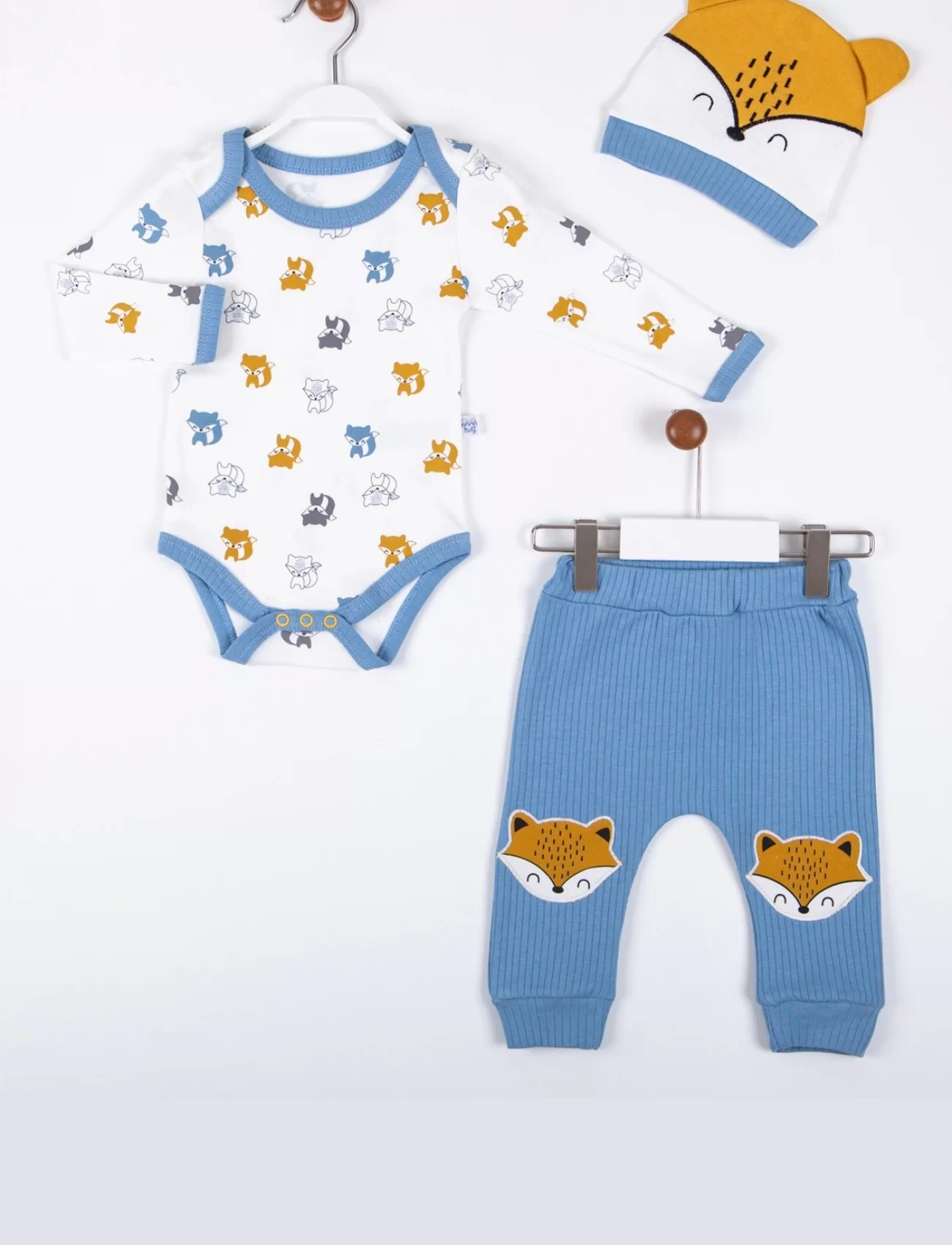 3-12 Ay Erkek Bebek Alt&Üst Takımı Little Fox 3lü Mavi