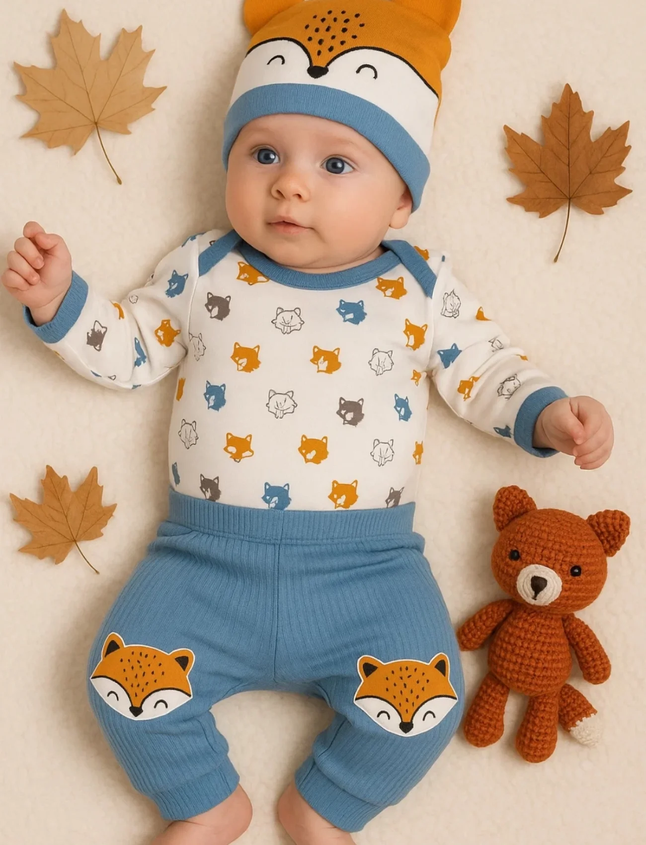 3-12 Ay Erkek Bebek Alt&Üst Takımı Little Fox 3lü Mavi