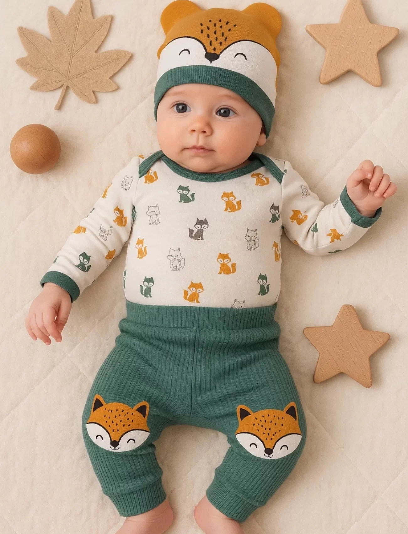3-12 Ay Erkek Bebek Alt&Üst Takımı Little Fox 3lü Yeşil