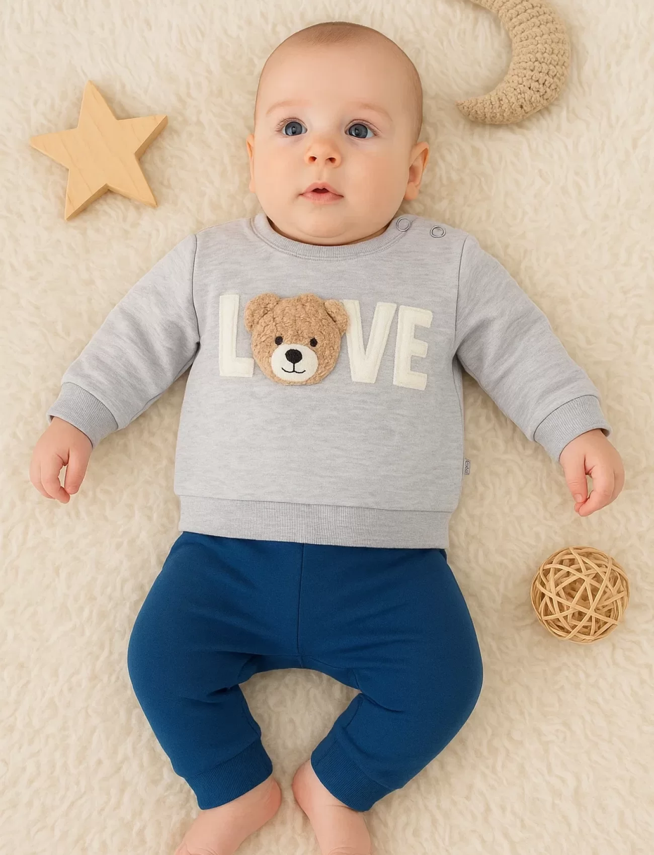 3-12 Ay Erkek Bebek Takımı Bear Love Nakışlı 2li Gri