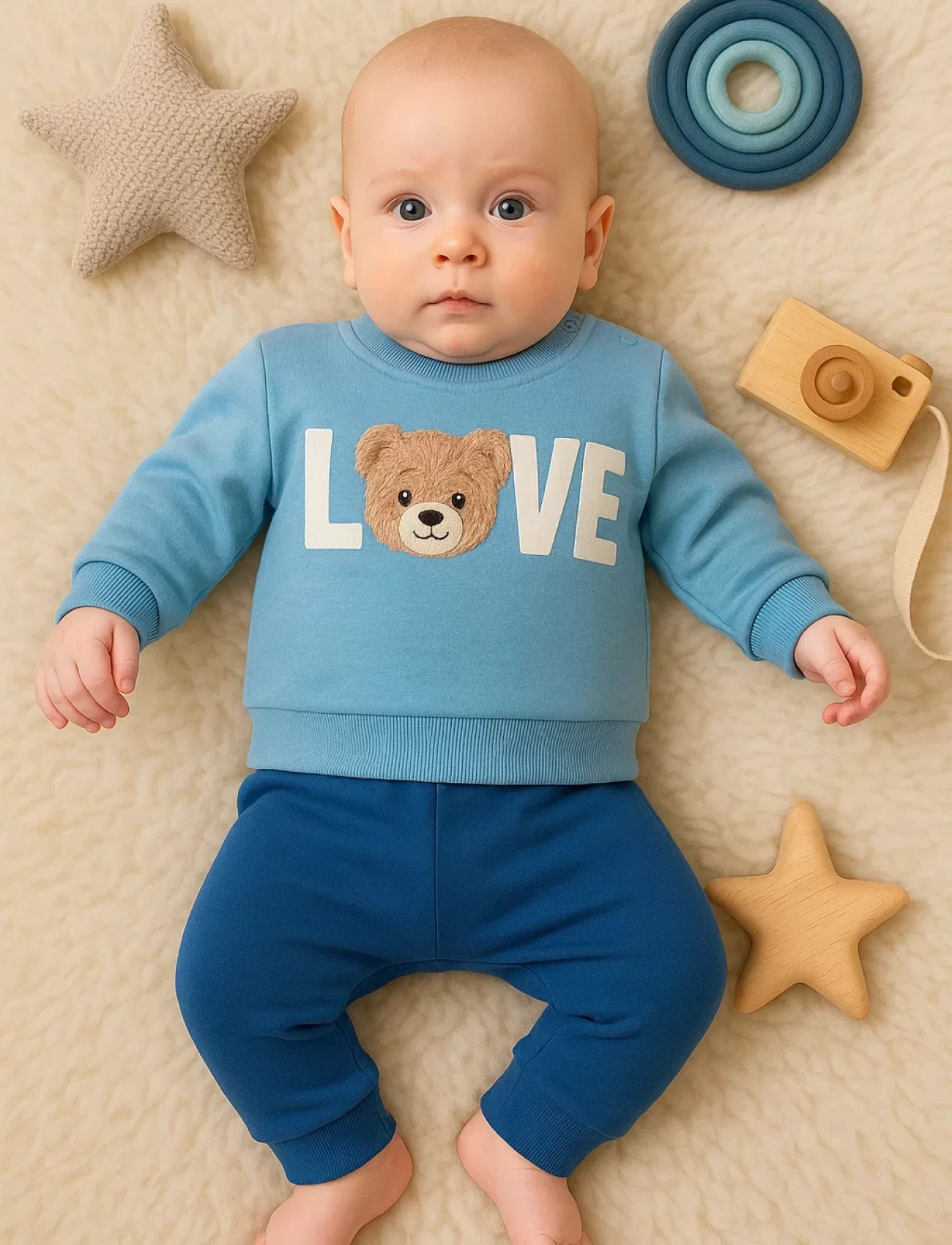 3-12 Ay Erkek Bebek Takımı Bear Love Nakışlı 2li Mavi