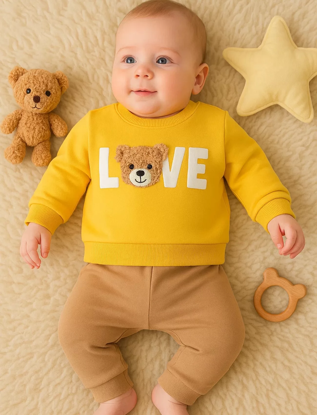 3-12 Ay Erkek Bebek Takımı Bear Love Nakışlı 2li Sarı