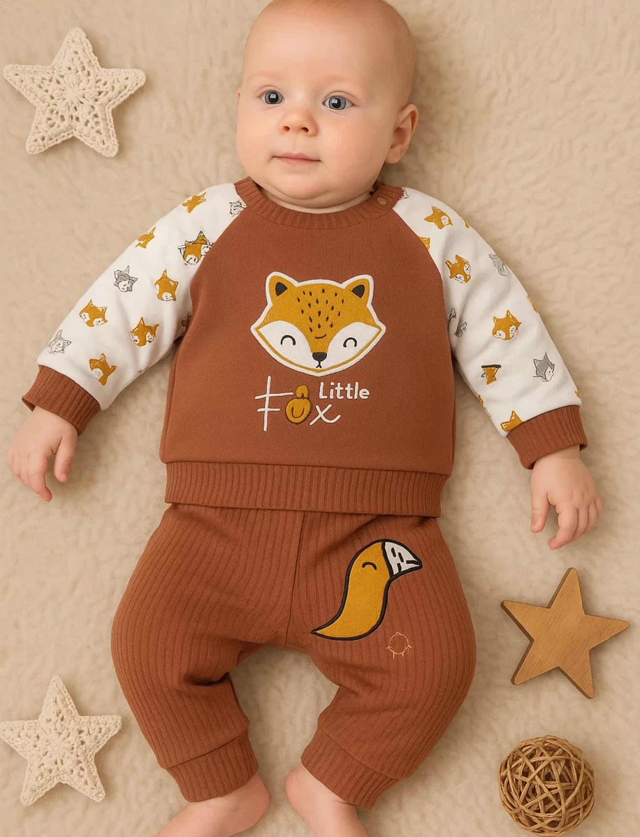 3-12 Ay Erkek Bebek Takımı Littie Fox Nakışlı 2li Kahverengi