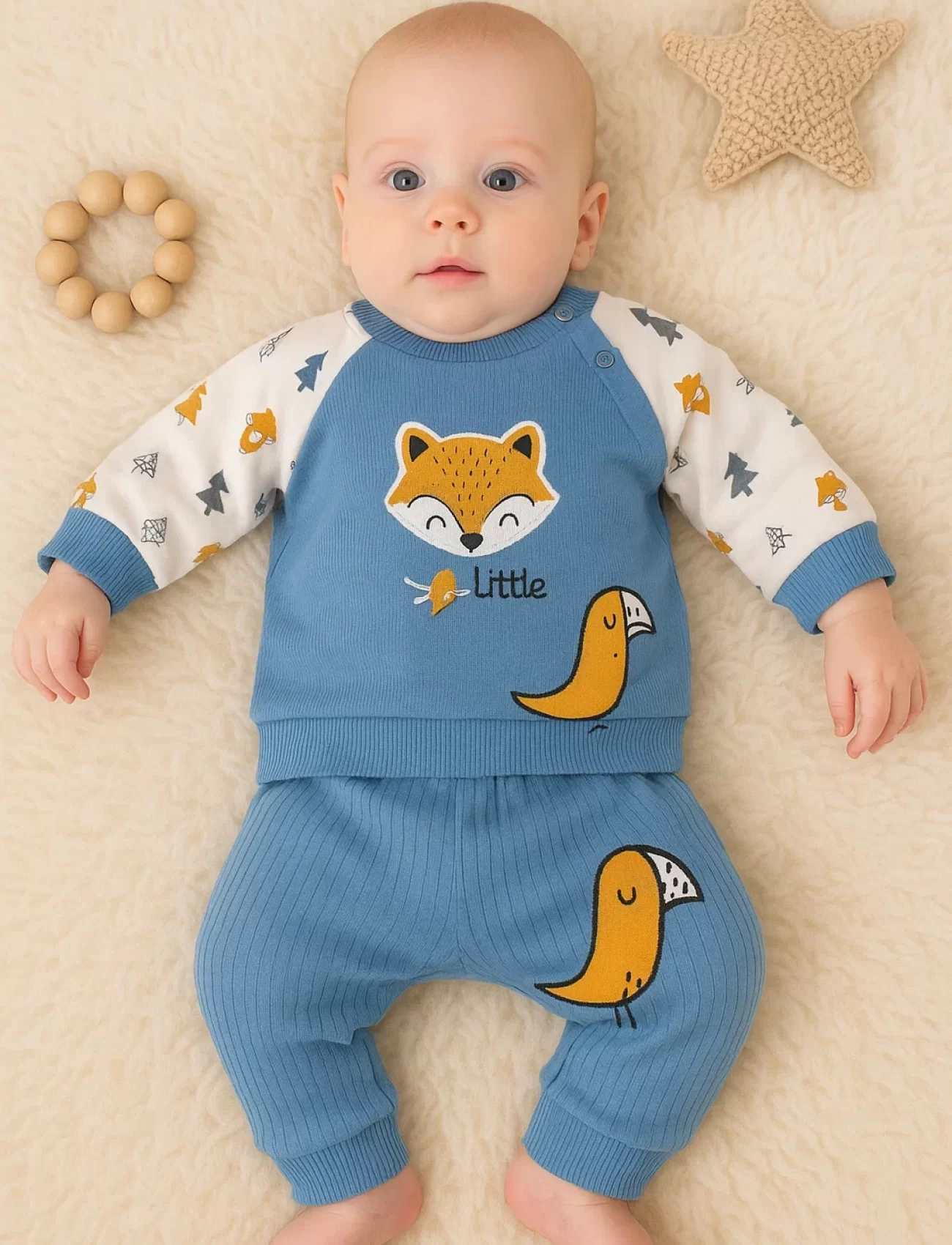 3-12 Ay Erkek Bebek Takımı Littie Fox Nakışlı 2li Mavi