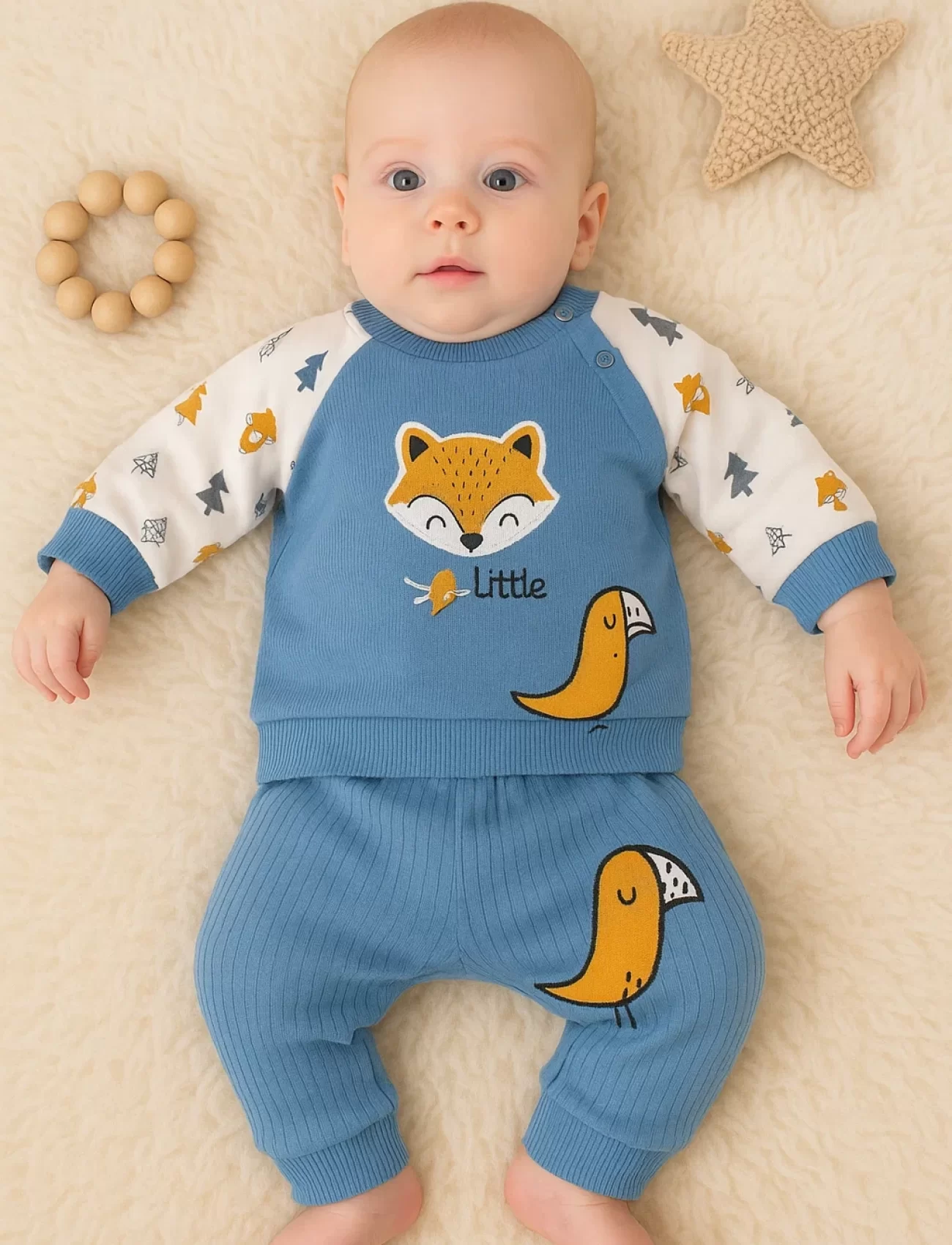 3-12 Ay Erkek Bebek Takımı Littie Fox Nakışlı 2li Mavi