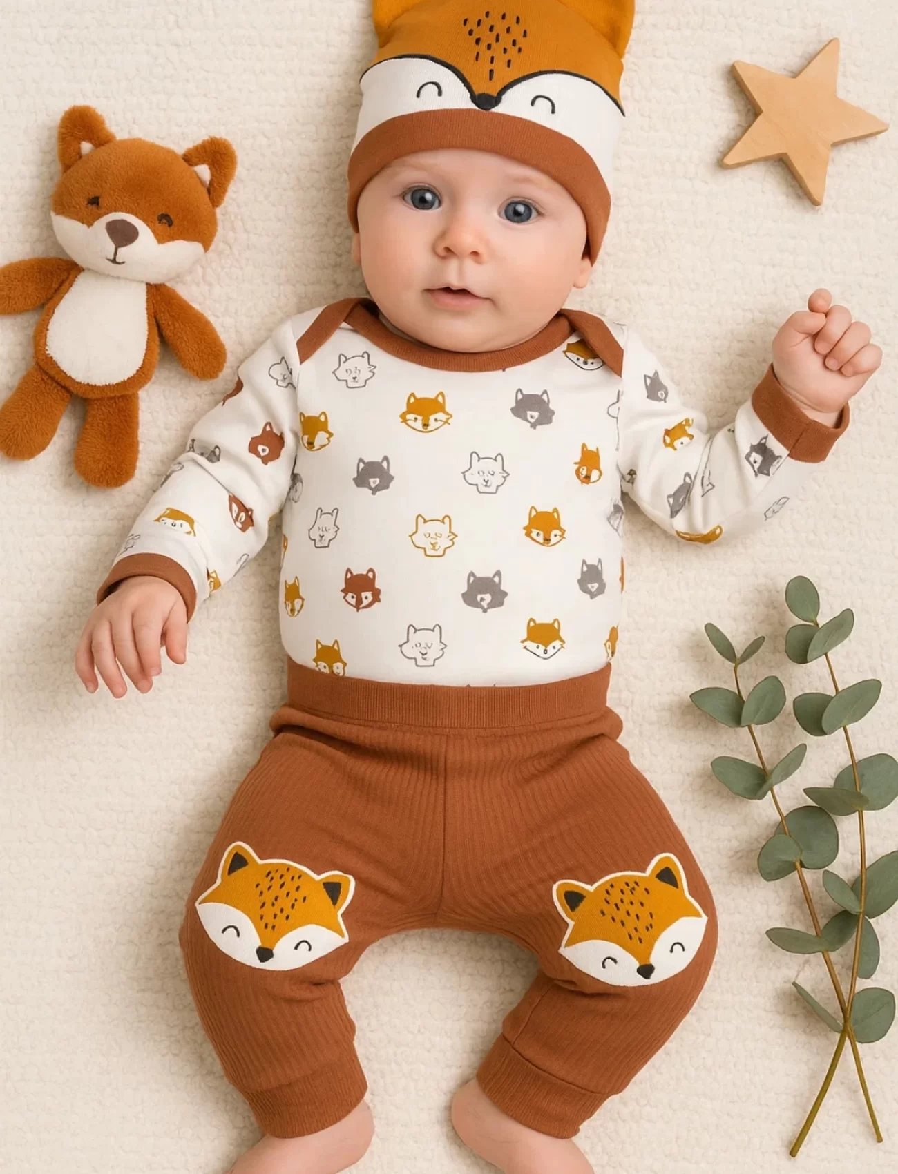 3-12 Ay Erkek Bebek Takımı Little Fox 3lü Kahverengi