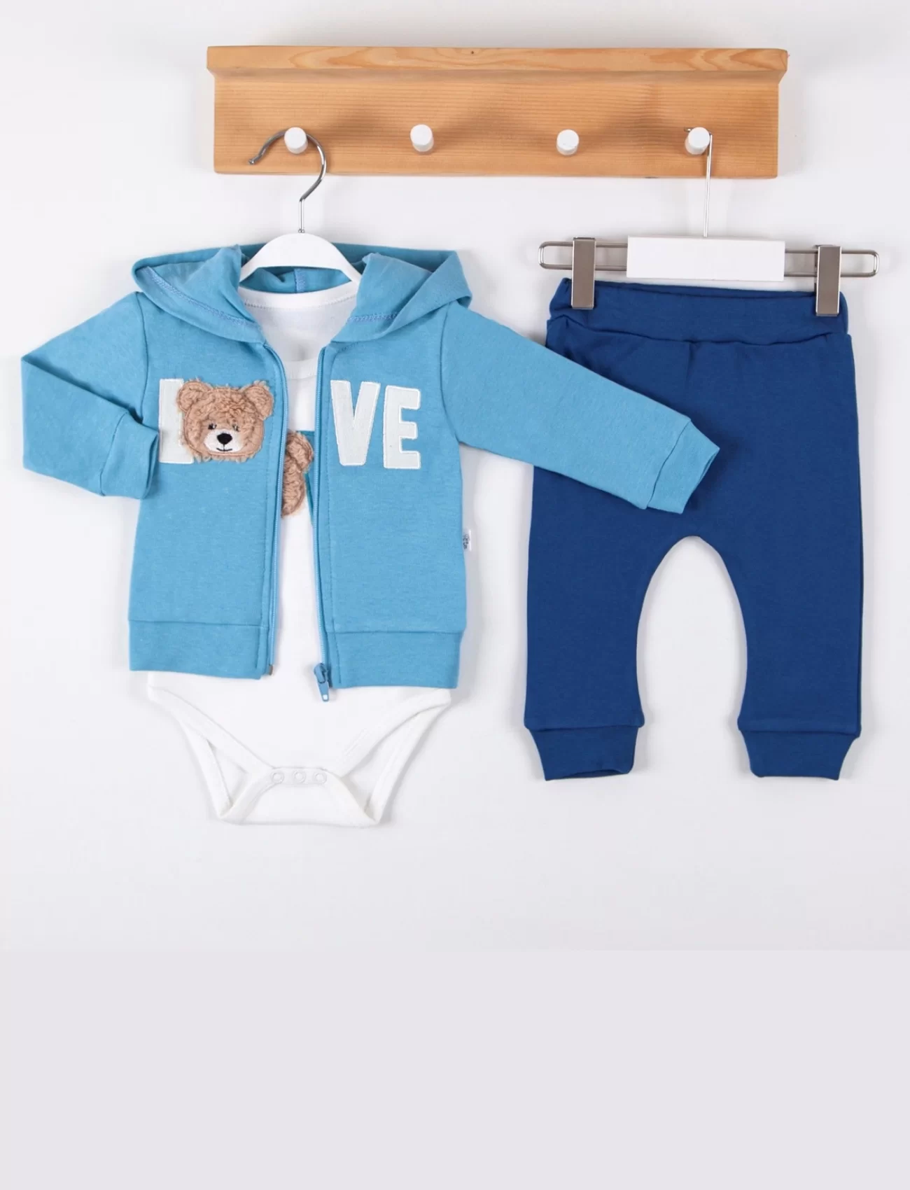 3-12 Ay Erkek Bebek Takımı Love Bear Nakış Hırkalı 3lü Mavi
