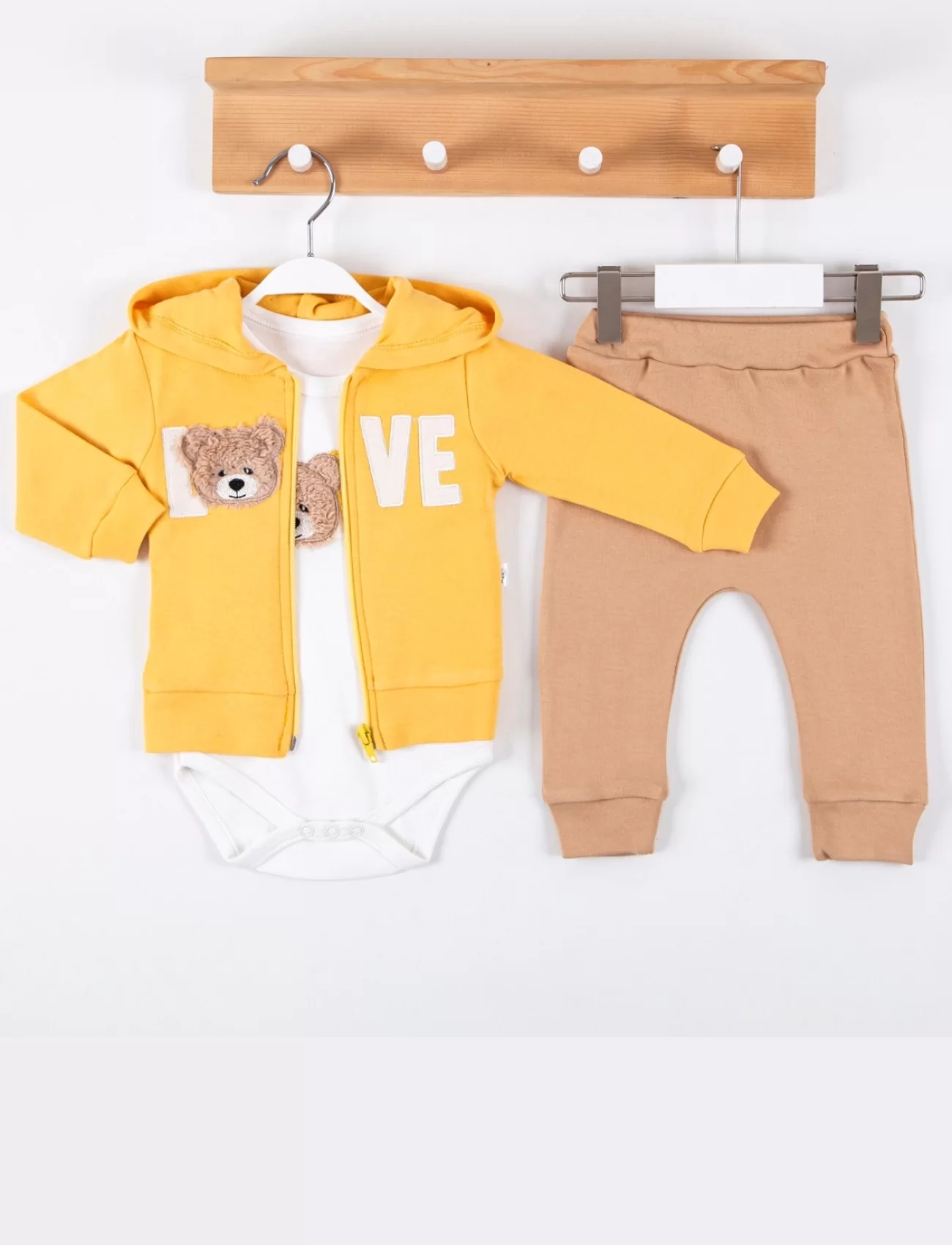 3-12 Ay Erkek Bebek Takımı Love Bear Nakış Hırkalı 3lü Sarı