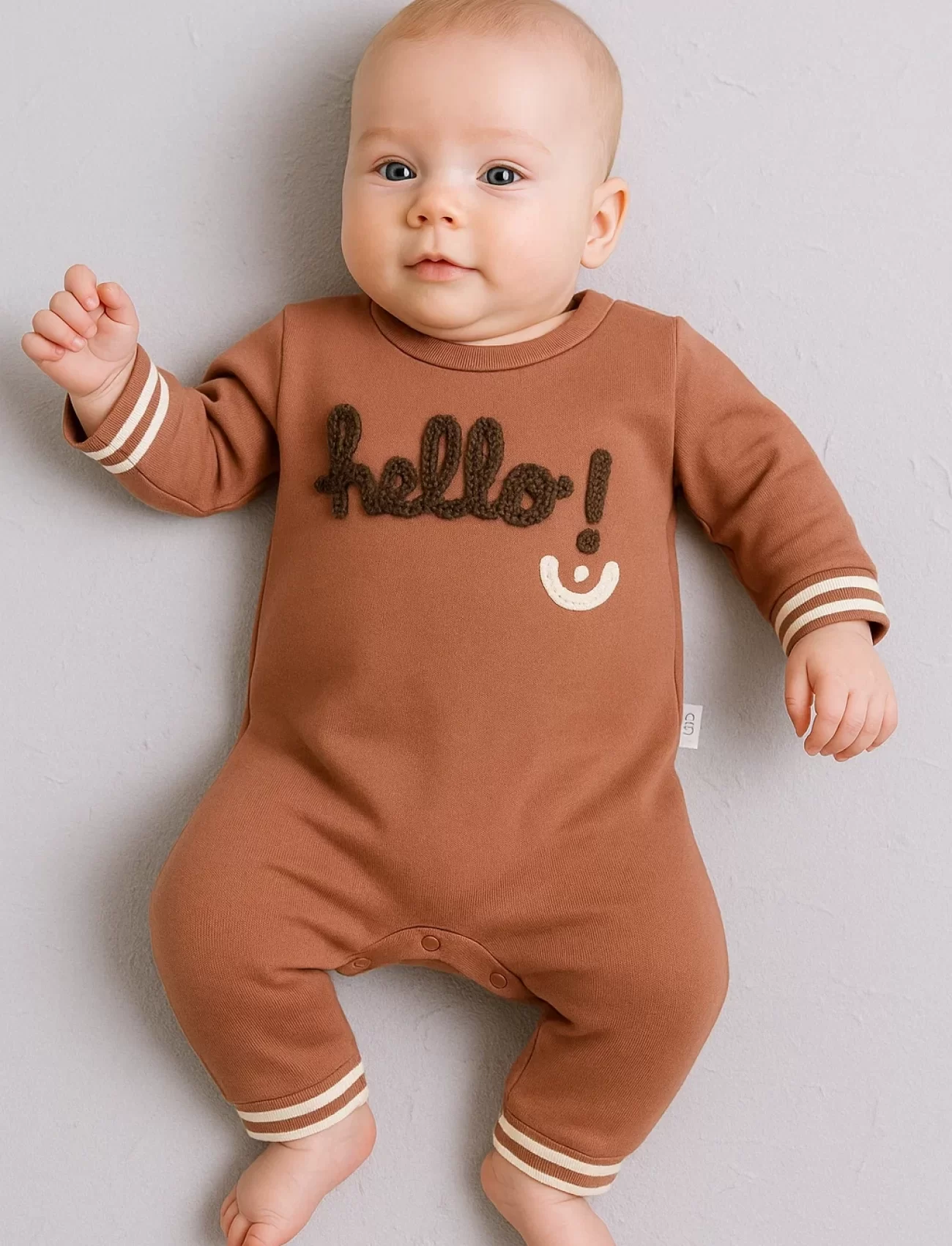 3-12 Ay Erkek Bebek Tulum Hello Nakışlı Kahverengi