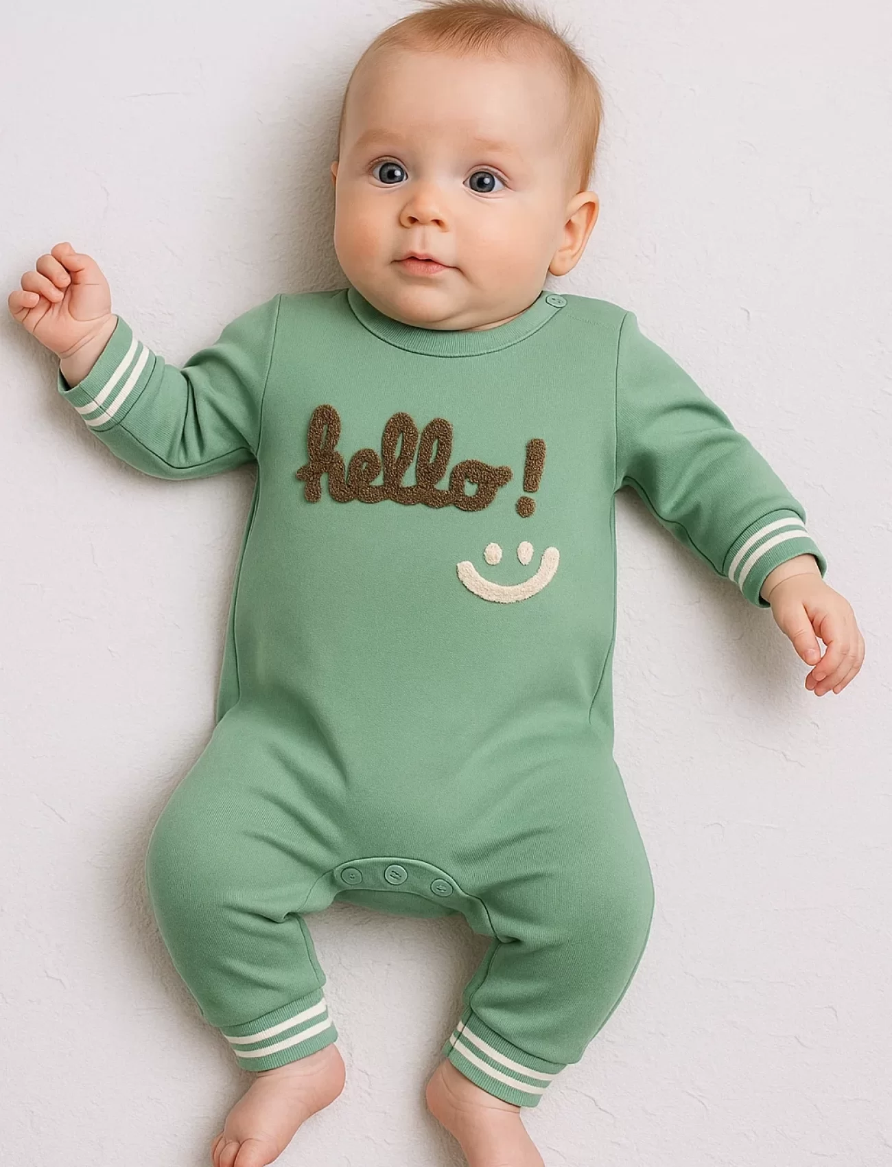 3-12 Ay Erkek Bebek Tulum Hello Nakışlı Yeşil