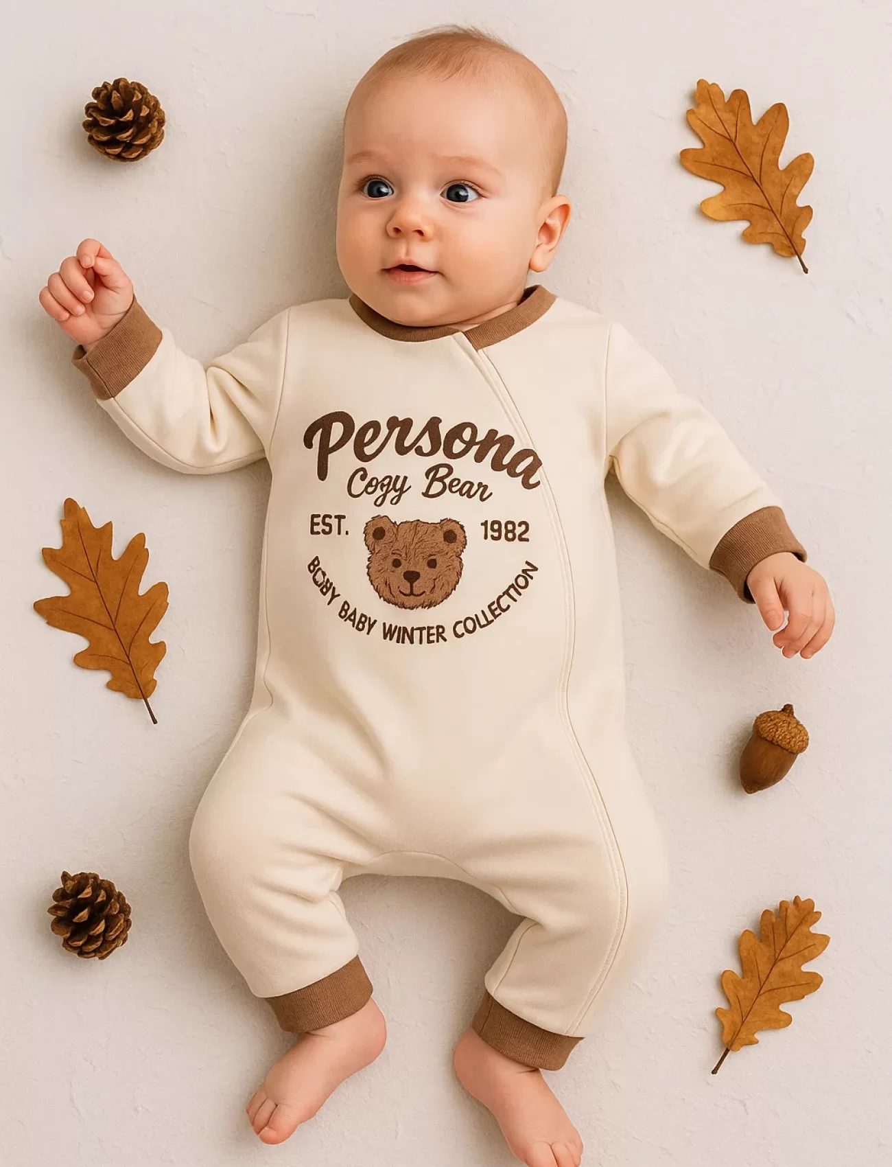 3-12 Ay Erkek Bebek Tulum Persona Bear Nakışlı Kahverengi