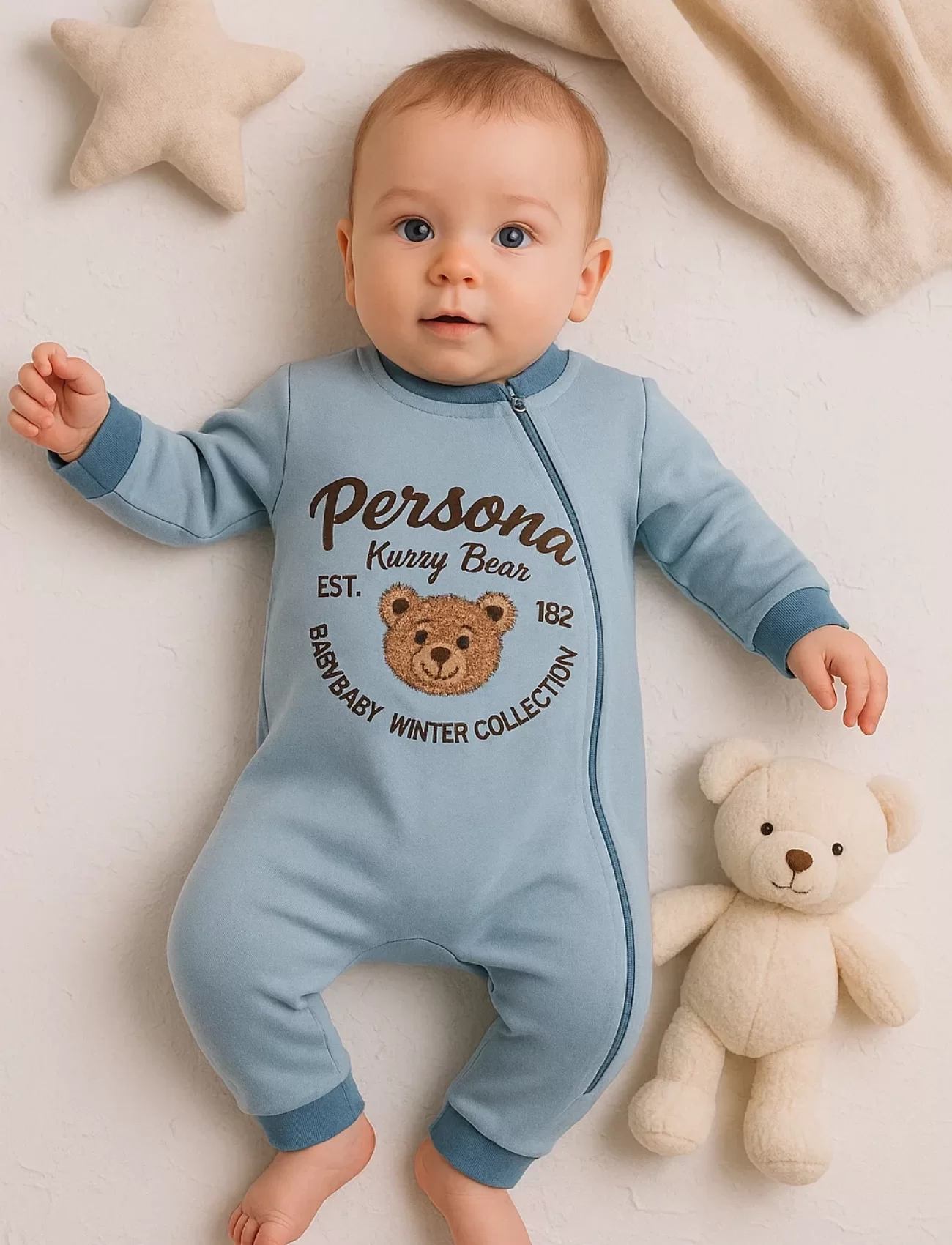 3-12 Ay Erkek Bebek Tulum Persona Bear Nakışlı Mavi