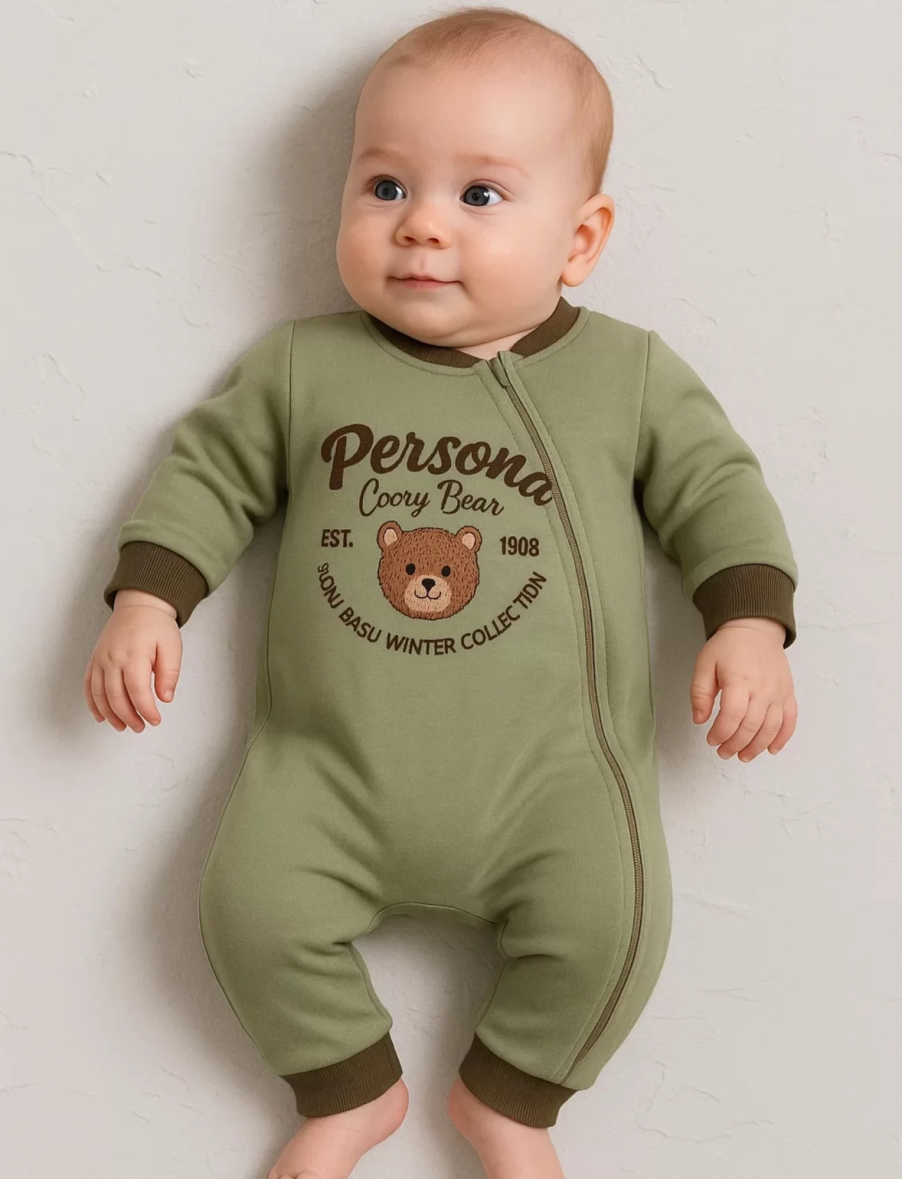 3-12 Ay Erkek Bebek Tulum Persona Bear Nakışlı Yeşil