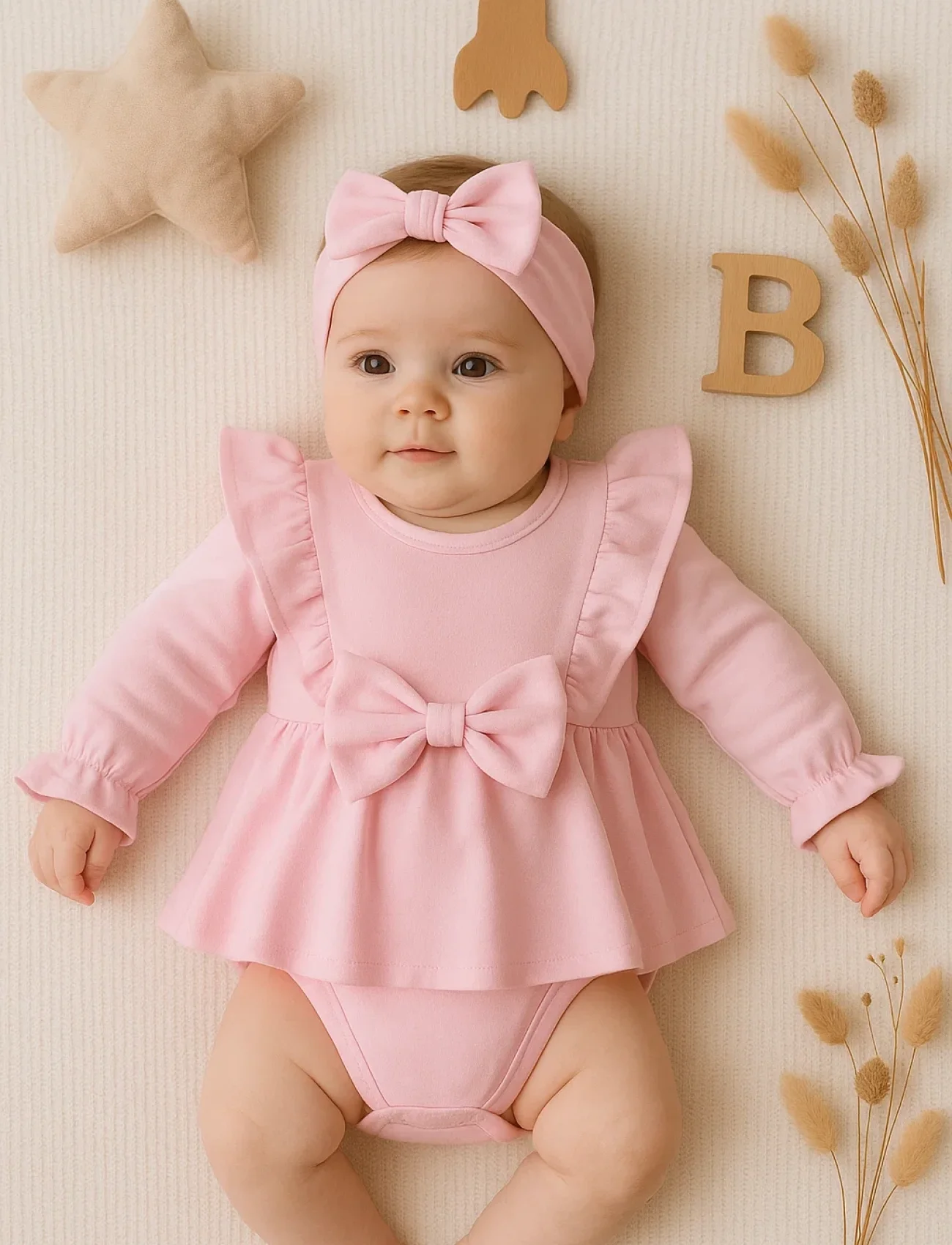 3-12 Ay Fiyonklu Kız Bebek Romper Pembe