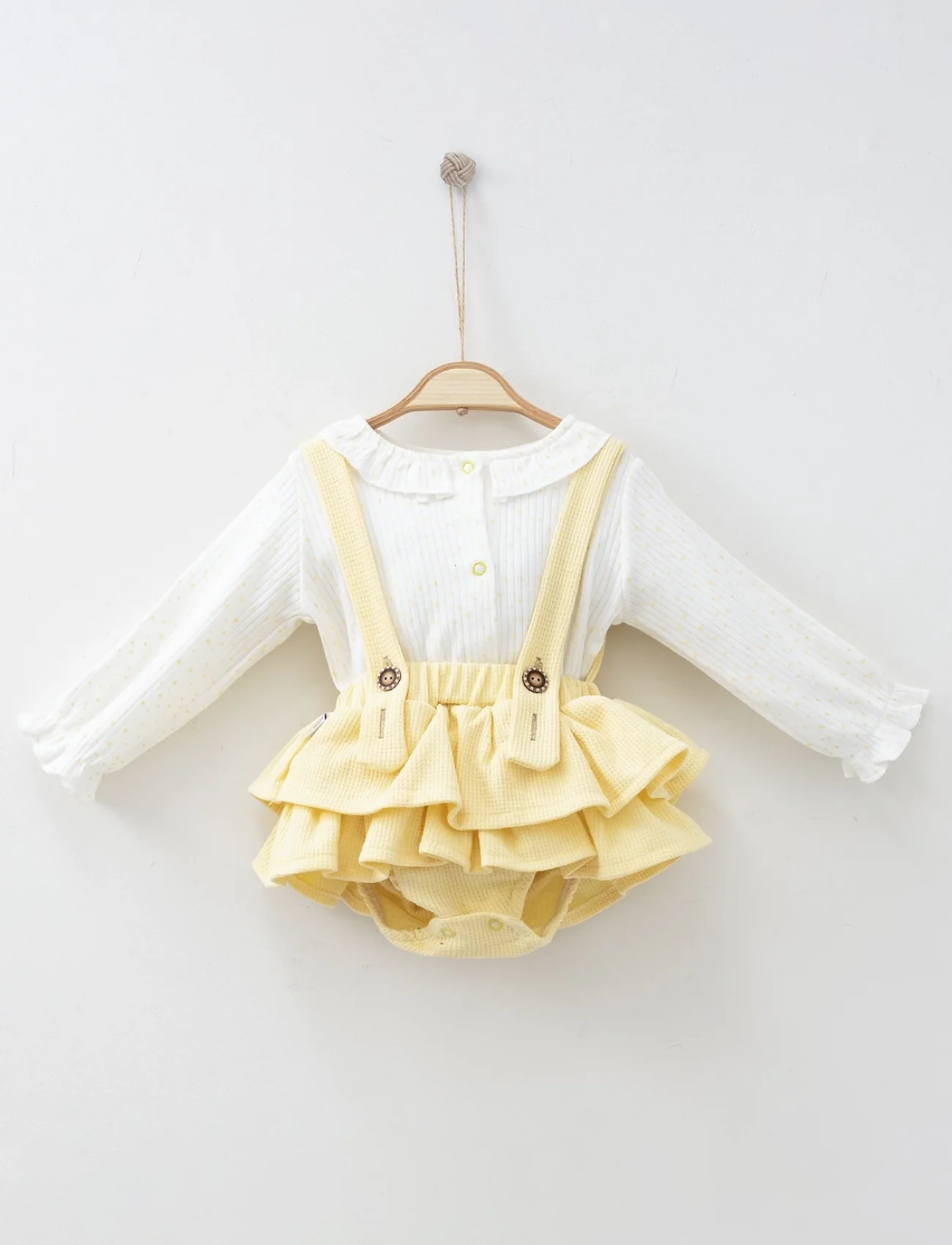 3-12 Ay Kız Bebek Takımı Fırfır Etekli Askılı 2li Sarı