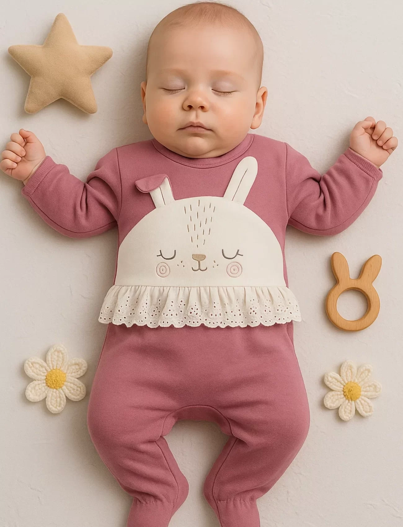 3-12 Ay Kız Bebek Tulum Tavşan Nakışlı Güpürlü Fuşya