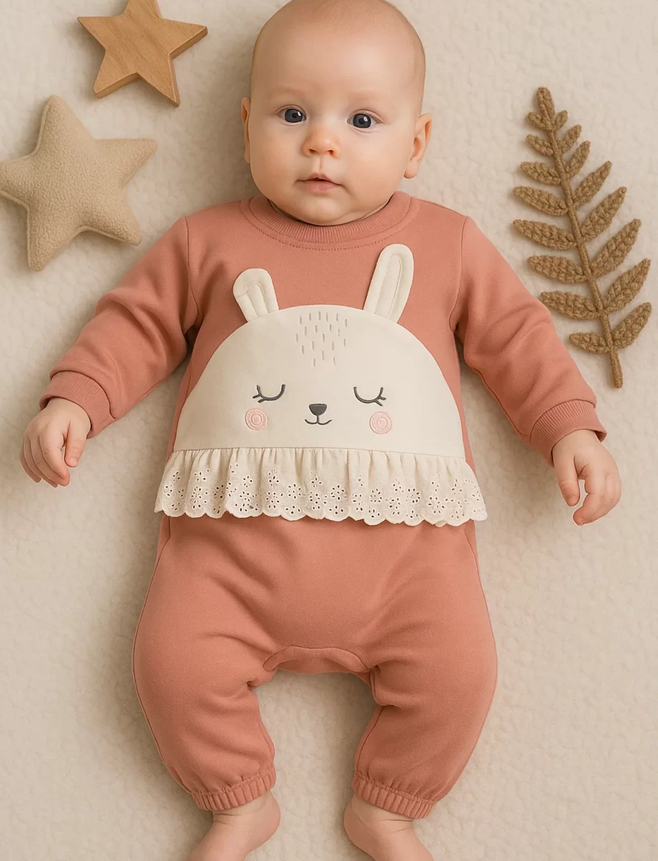 3-12 Ay Kız Bebek Tulum Tavşan Nakışlı Güpürlü Pembe
