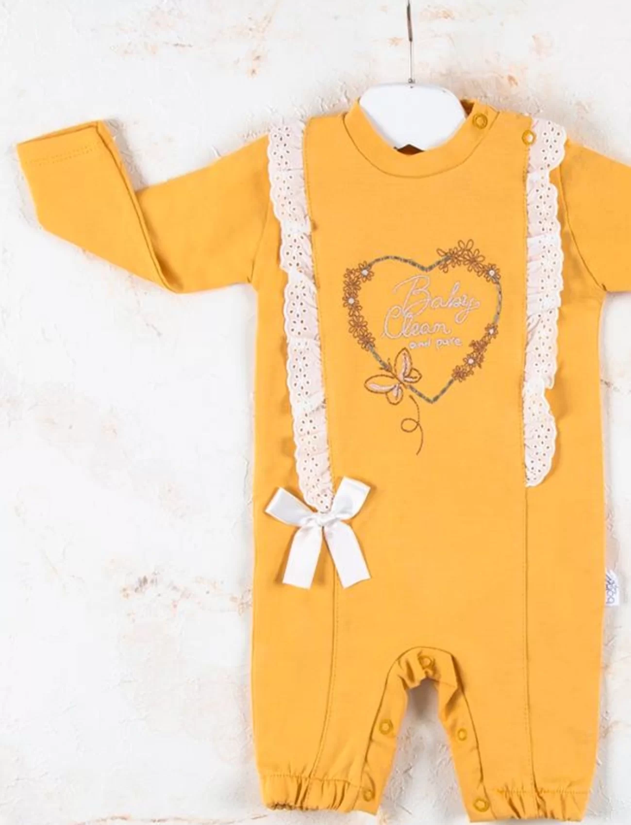 3-12 Ay Kız Bebek Tulumu Love Kalp Nakışlı Sarı