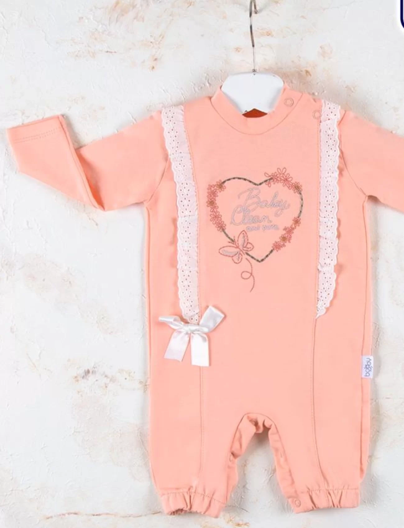3-12 Ay Kız Bebek Tulumu Love Kalp Nakışlı Somon