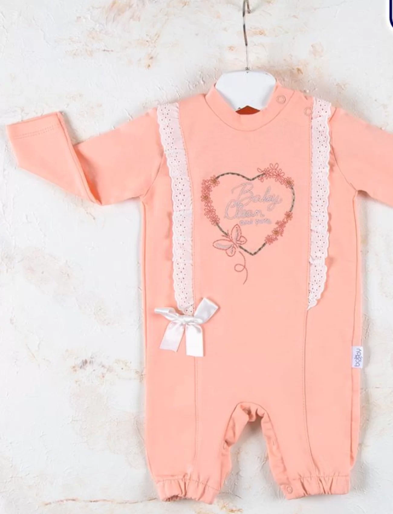 3-12 Ay Kız Bebek Tulumu Love Kalp Nakışlı Somon
