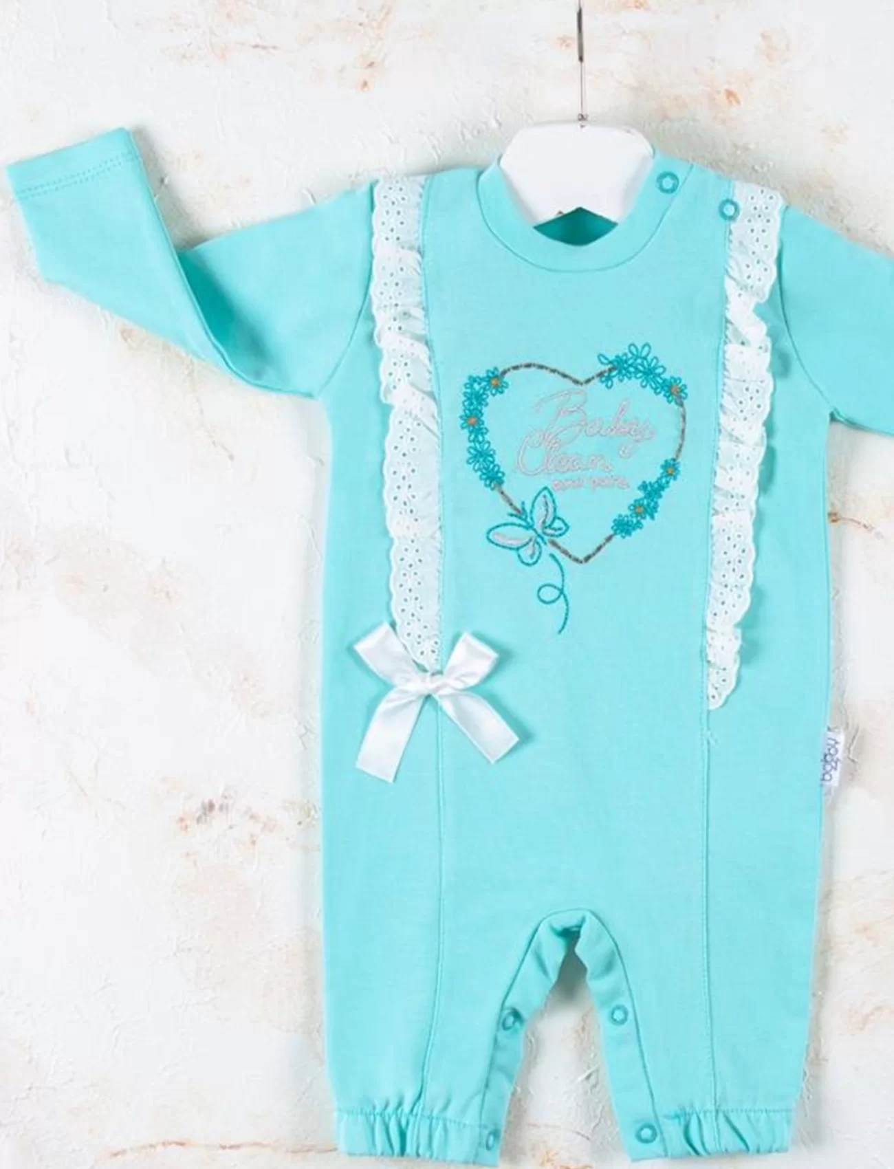3-12 Ay Kız Bebek Tulumu Love Kalp Nakışlı Yeşil