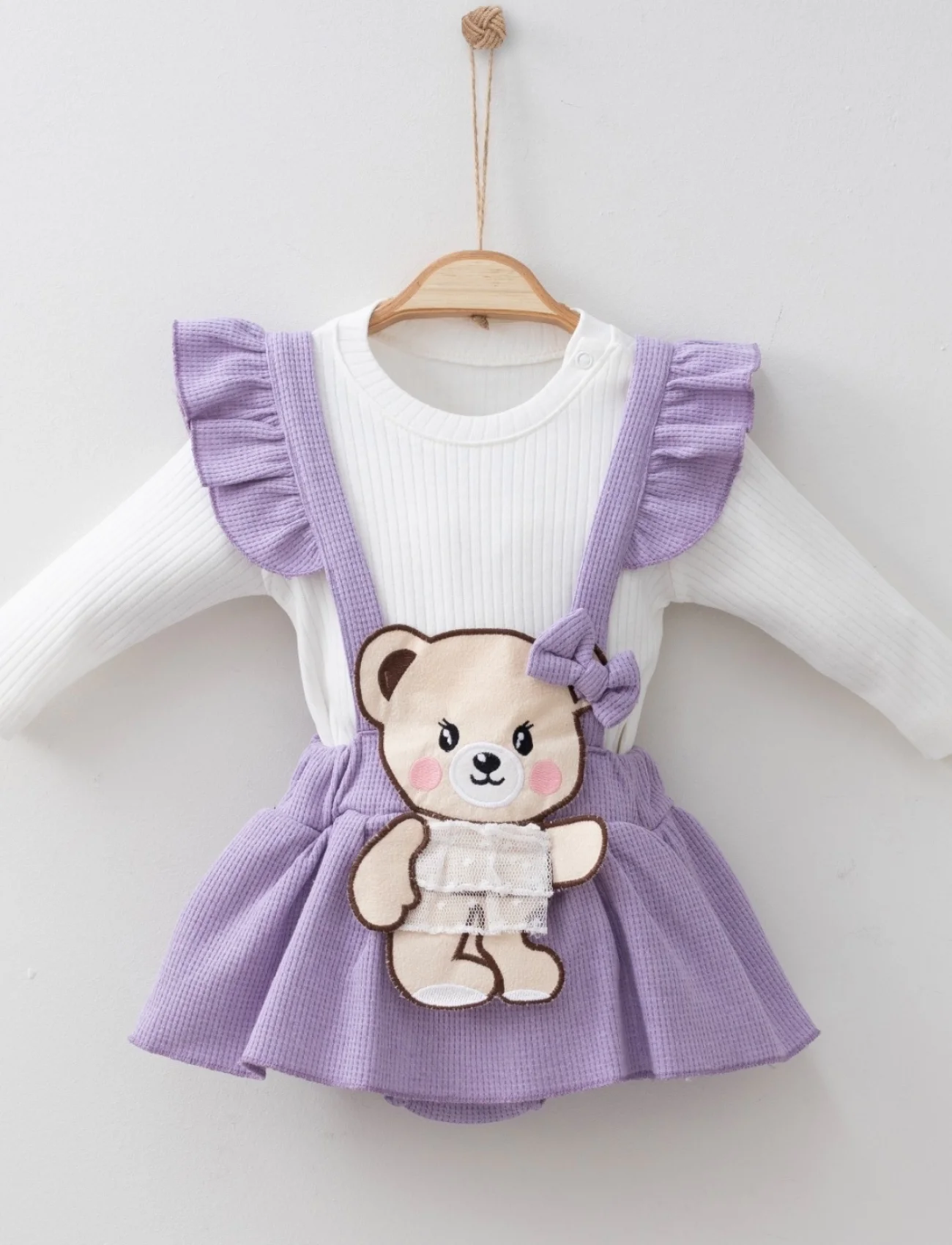 3-12 Ay Kurdaleli Ayıcık Askılı 2li Kız Bebek Alt&Üst Takımı