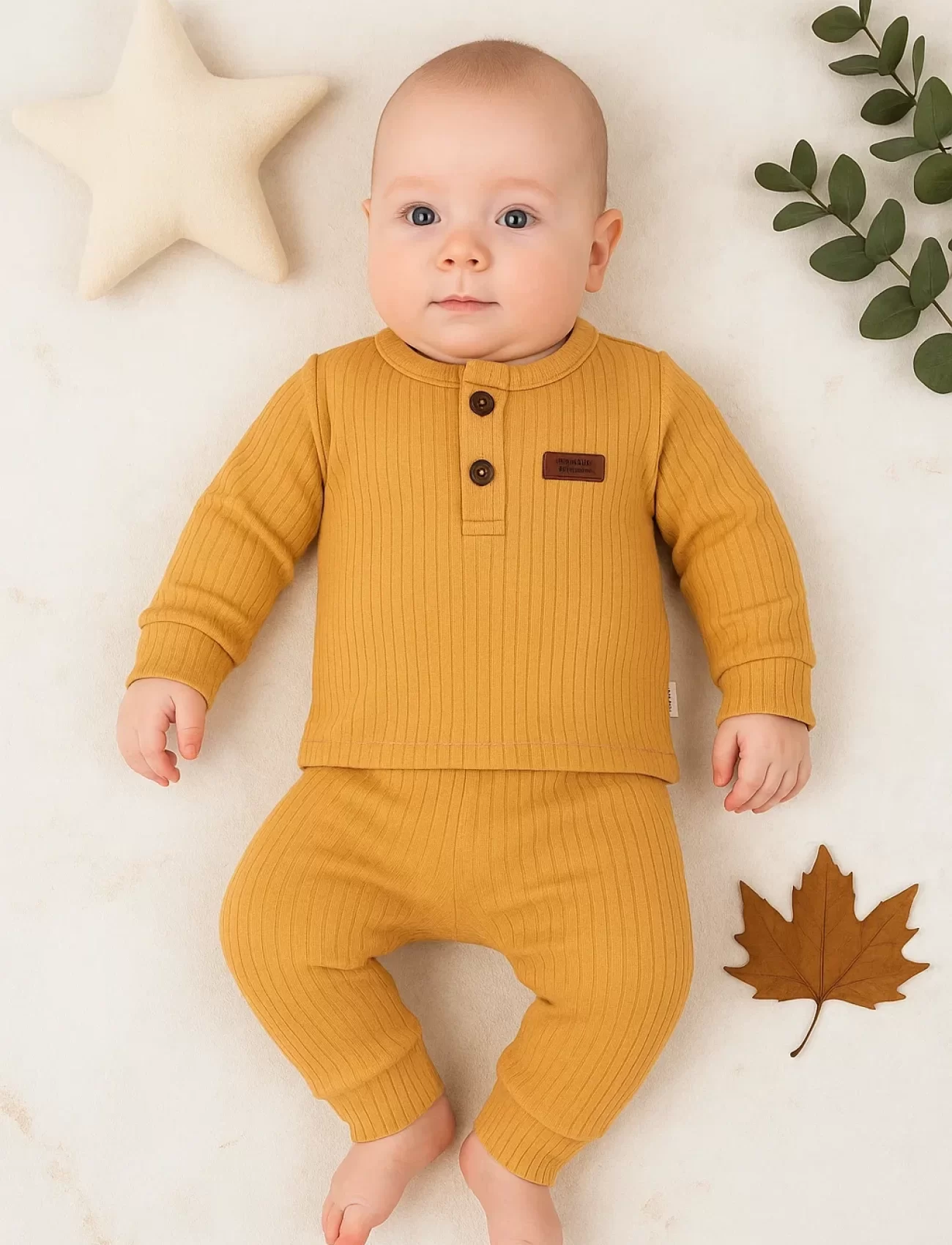 3-18 Ay Çizgili Kumaş 2li Unisex Takımı Hardal