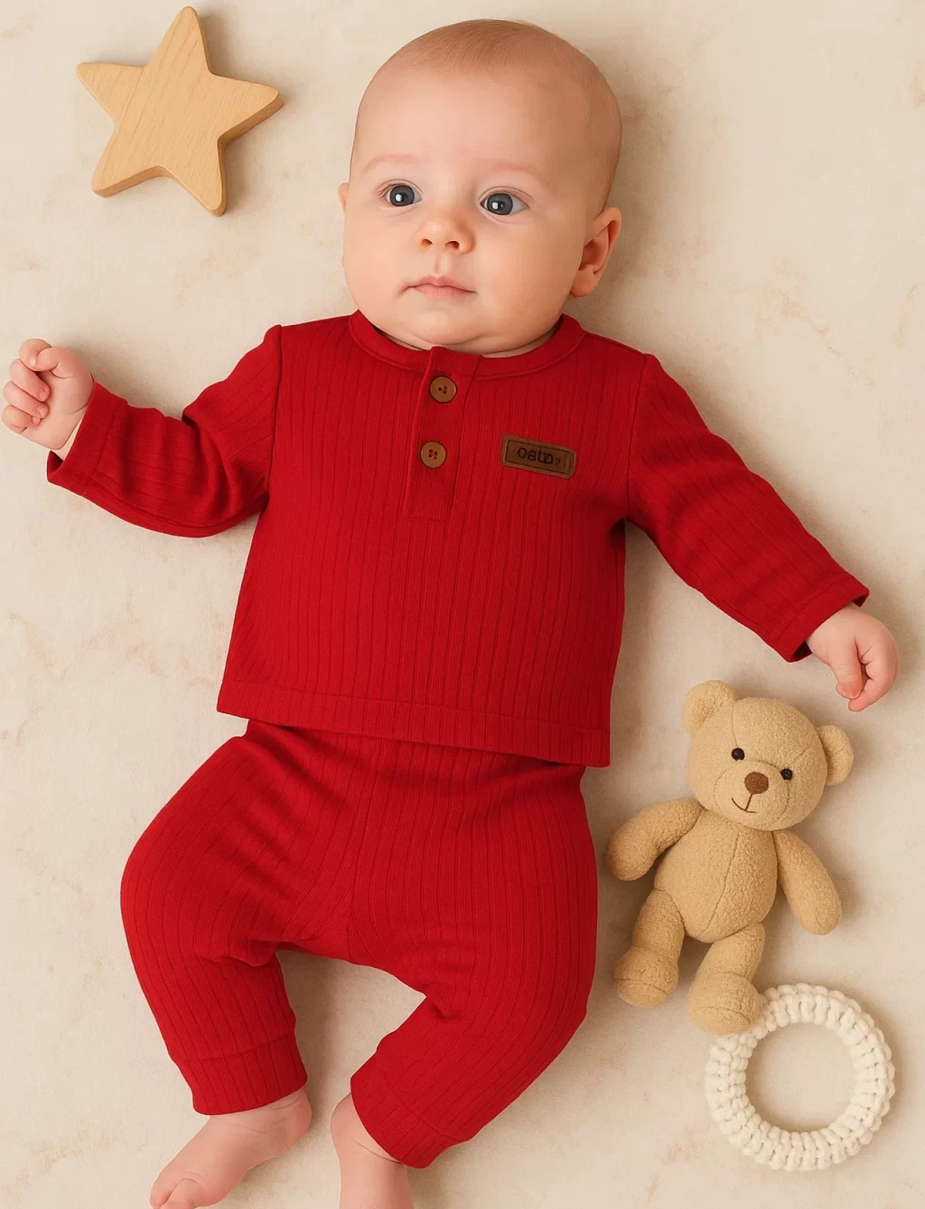 3-18 Ay Çizgili Kumaş 2li Unisex Takımı Kırmızı