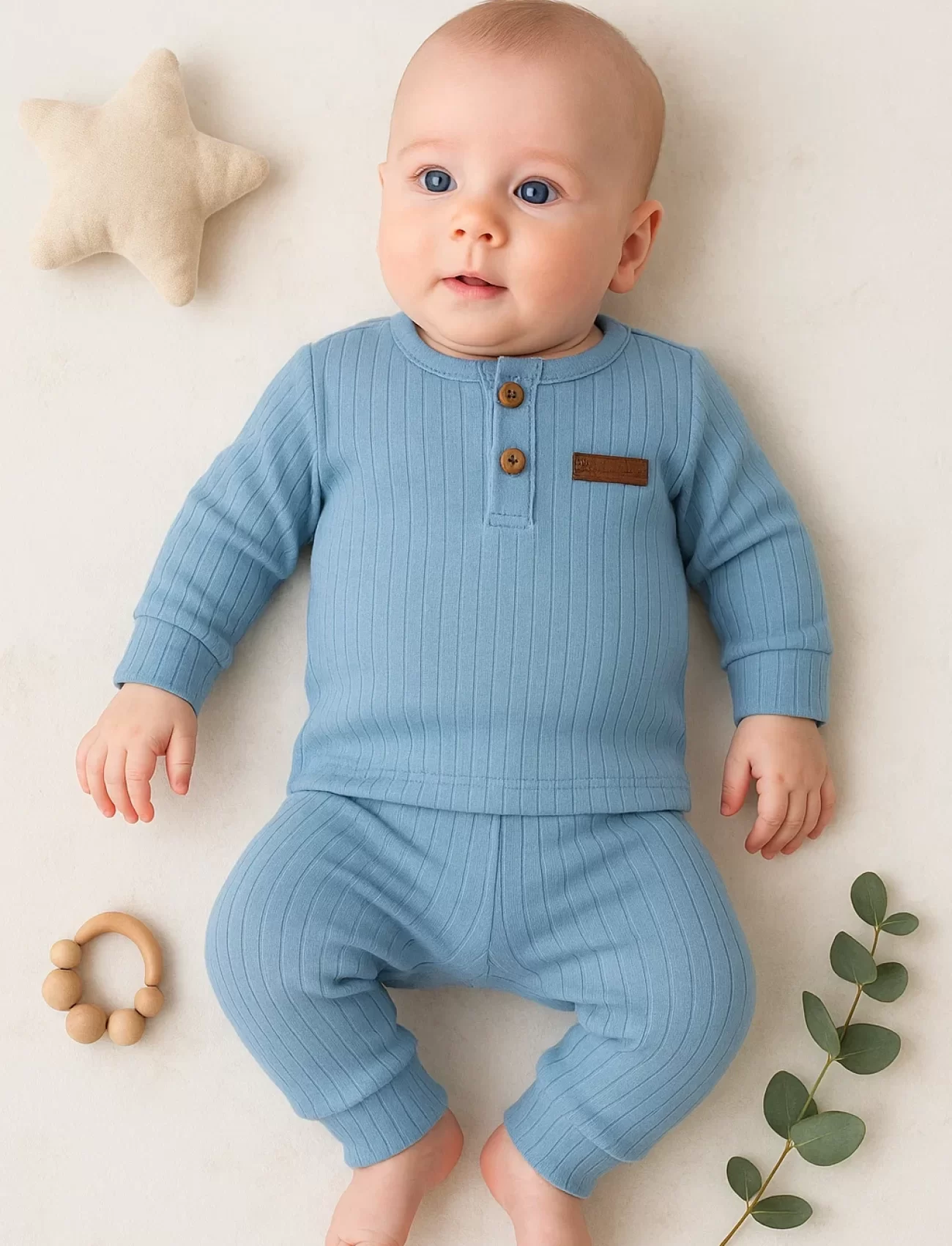 3-18 Ay Çizgili Kumaş 2li Unisex Takımı Mavi