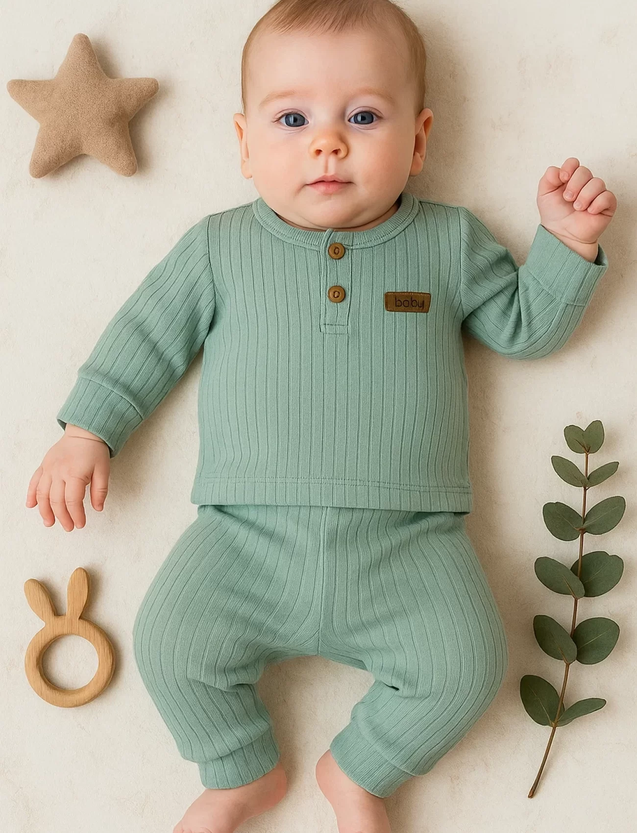 3-18 Ay Çizgili Kumaş 2li Unisex Takımı Yeşil