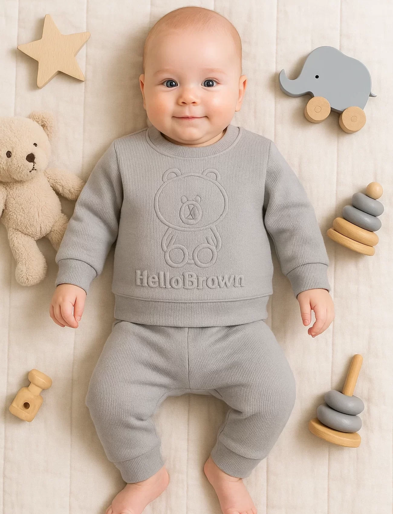 3-18 Ay Erkek Bebek Takımı Bear Gofre Kabartmalı 2li Gri