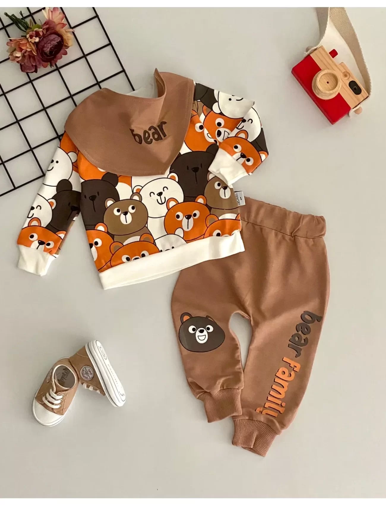 3-18 Ay Erkek Bebek Takımı Family Bears 3lü Fularlı krem